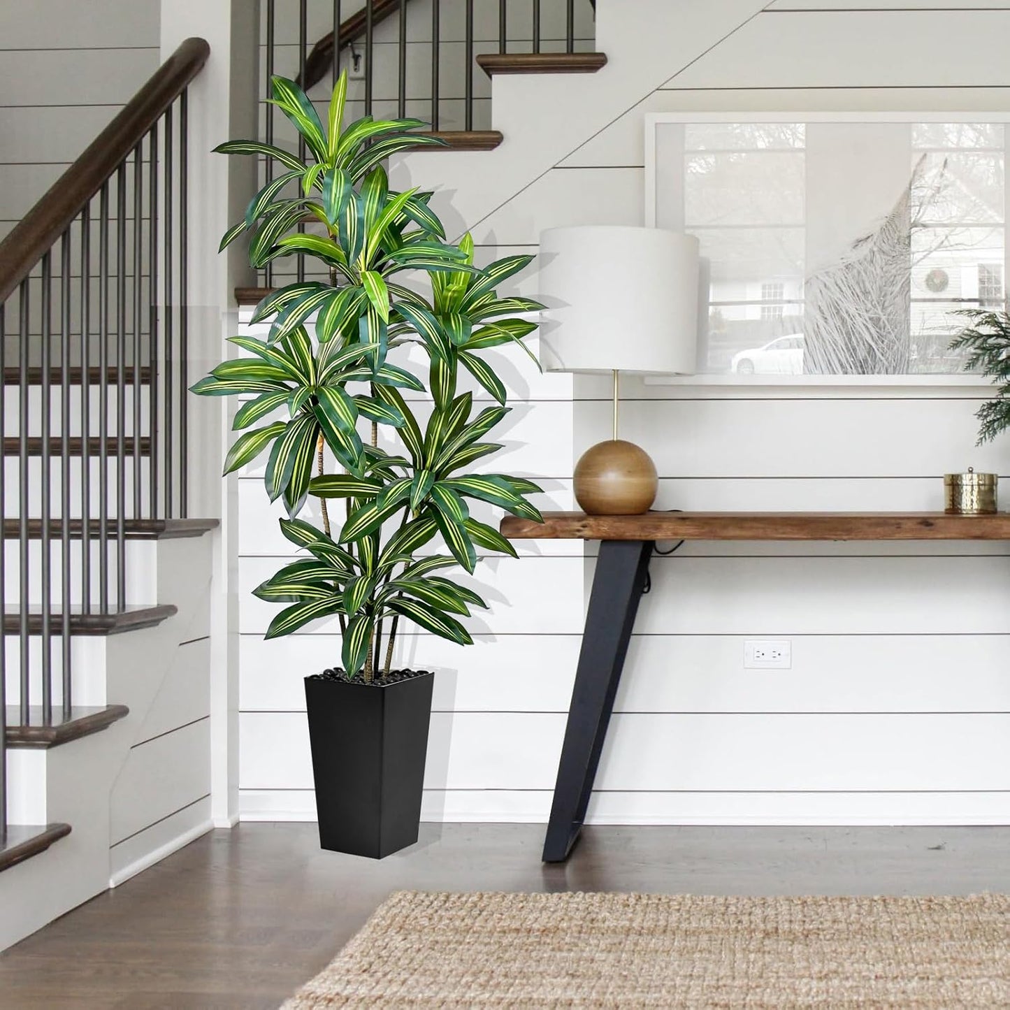 Artificial Dracaena Tree 7FT Tall Fake Plant with White Pot - Realistic Faux Dragon Tree with Tall Planter - Indoor Floor Plant for Home, Office,Mall, Living Room, Bedroom Decor (Black - Planter, 7ft)