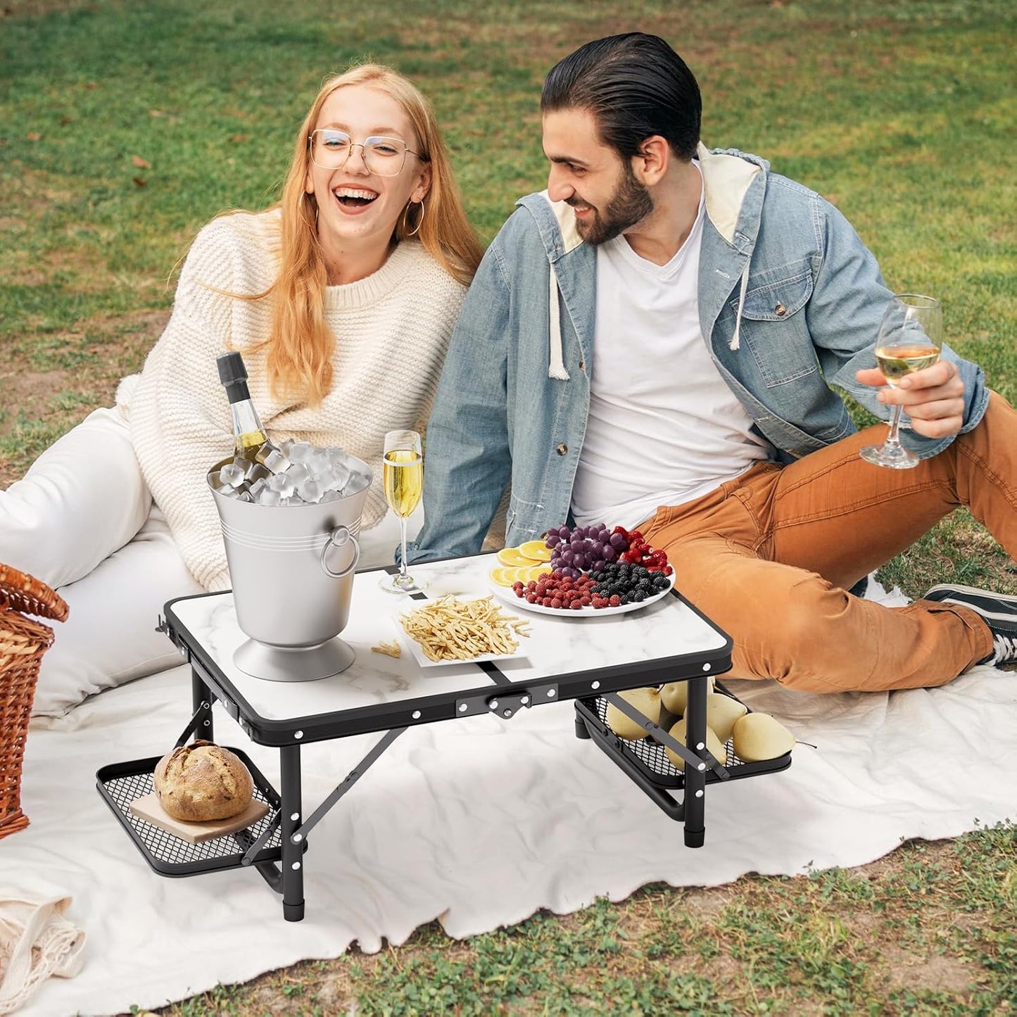 Titanker Small Camp Table 2ft, Folding Camping Table Portable with Storage Bag & Side Racks, Picnic & Beach Table, Car Camping Essentials, Aluminum Light & Solid