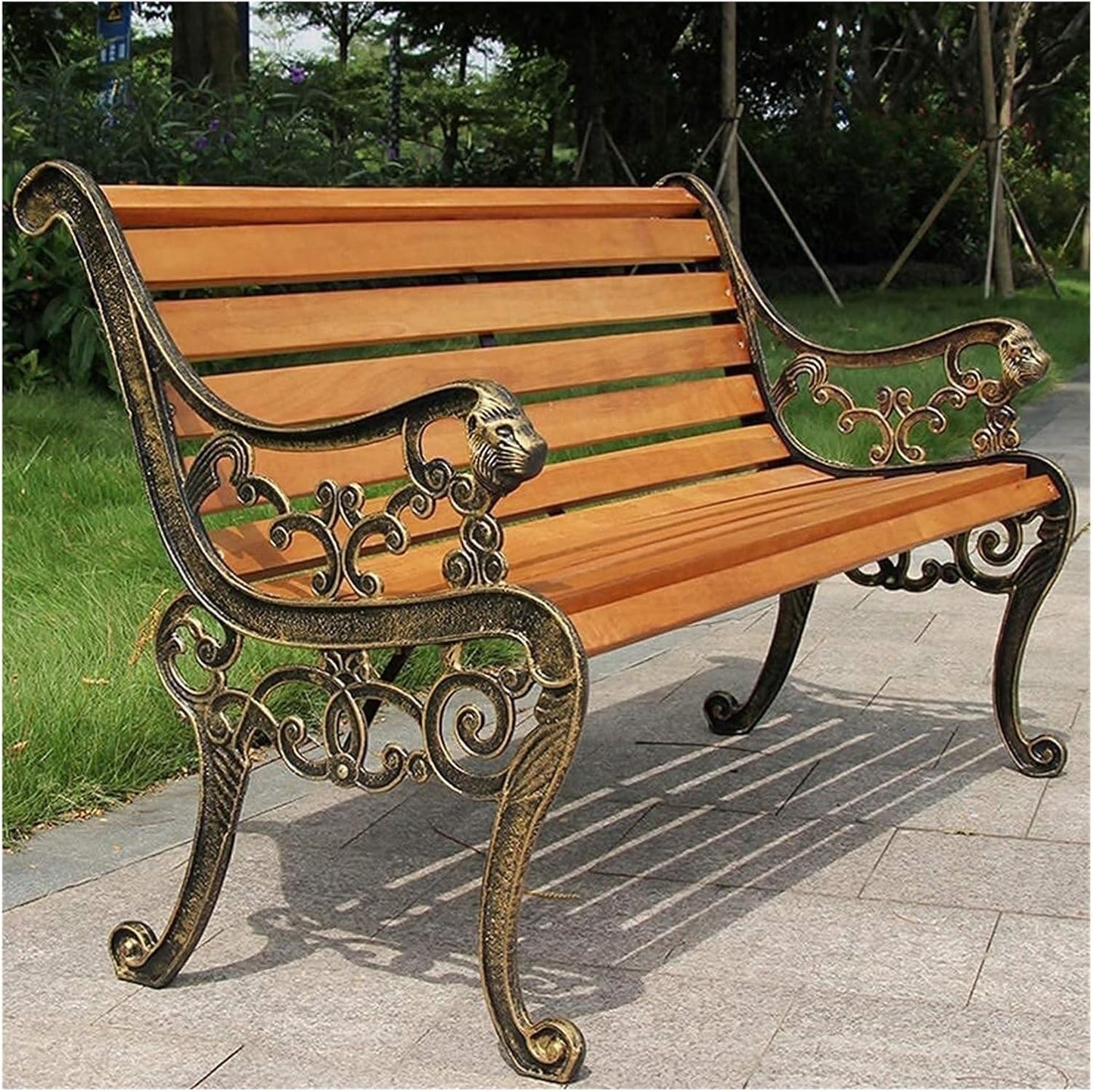 Outdoor Bench, Porch Bench, Garden Park Bench, Cast Aluminum Preservative Wood Bench with Backrest and Armrests for 2-3 People Porch/Deck/Patio Furniture(Teak+Antique Bronze Legs,125CM)