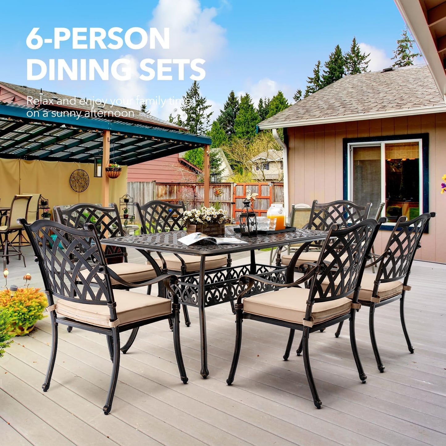 𝐀𝐢𝐥𝐢𝐬𝐦𝐚𝐢𝐥 59” Patio Outdoor Dining Table for 6, Cast Aluminum Rectangle Patio Dining Table Weather Resistant with 2" Umbrella Hole for Patio Deck Garden (Bronze, 59" Classic Table)