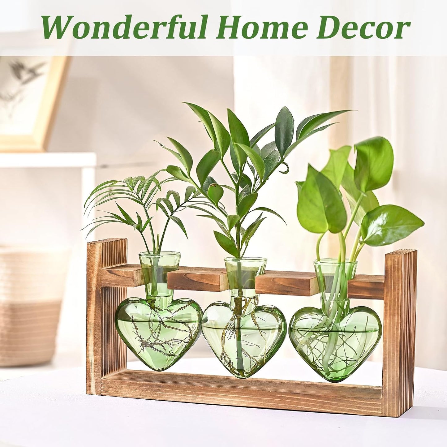 Lifecapido Heart Shaped Propagation Stations, Plant Terrarium with Wooden Stand, Plant Propagation Station for Hydroponics Office Garden Home Decor, Gifts for Women Plant Lover (3 Vases, Mint Green)