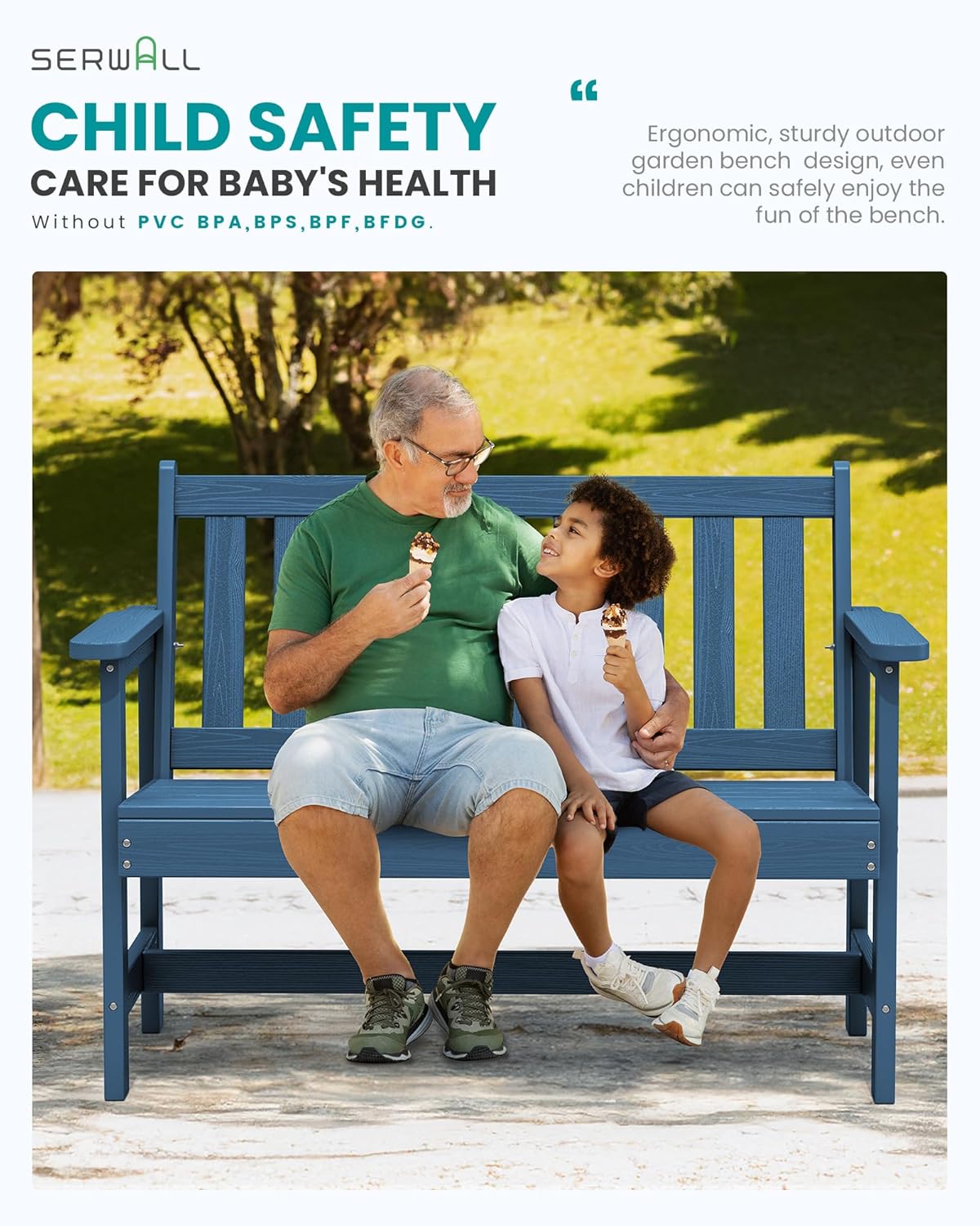 SERWALL Outdoor Bench, HDPE Outdoor Benches Weatherproof, 2-Person Garden Bench with 660 lbs Weight Capacity, Patio Benches for Outdoors, Garden, Porch, Backyard and Park, Navy Blue