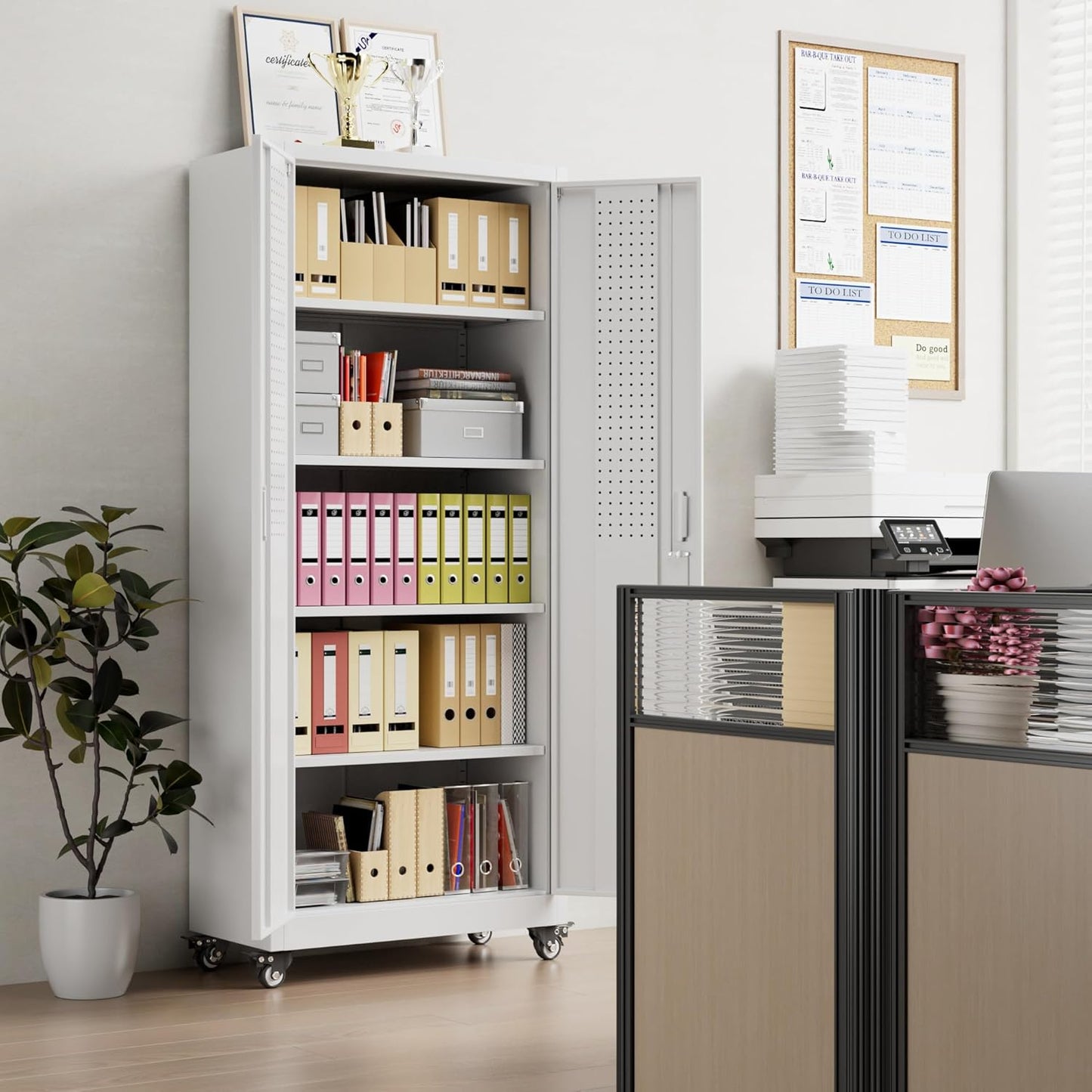 73" H Metal Garage Storage Cabinet with Wheels & Pegboard,Rolling Tool Cabinet with 2 Doors and 4 Shelves for Garage,Home,Office,Warehouse,Workshop, Required-Assembly,White