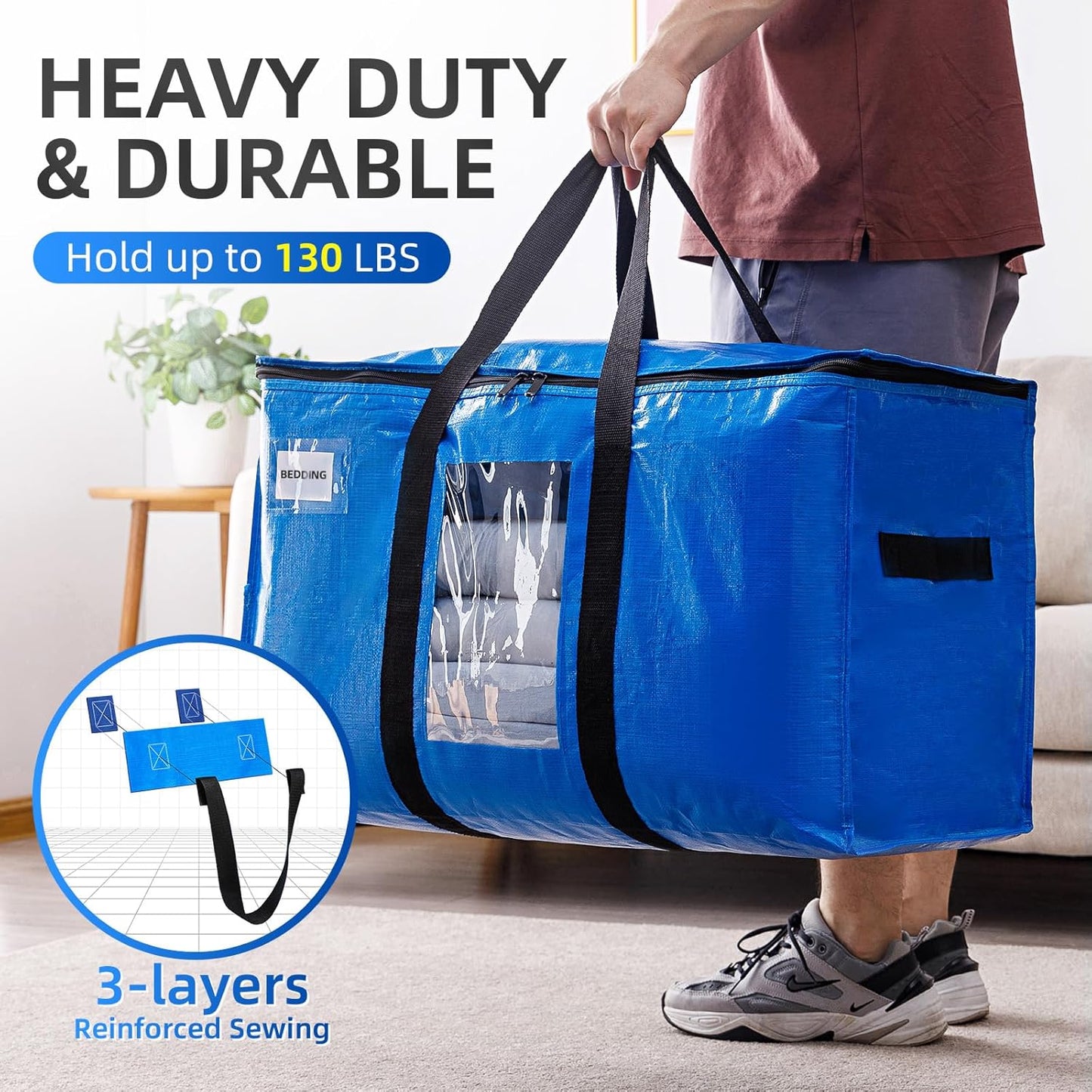 TAILI Extra Large Moving Bags, 12 Pack Blue Heavy Duty Totes For Storage with Visible Window, Wrap Around Handles, Storage Bags for Space Saving, Alternative to Moving Boxes