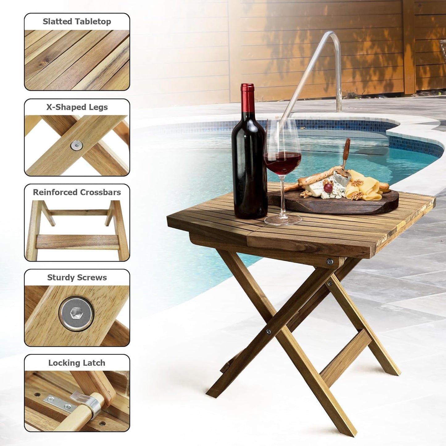 Melino Wooden Folding Outdoor Side Table, FSC Certified Acacia Weatherproof Side Tables, Wood Folding Small Table for Outdoor, Patio, Porch, Pool, Backyard, Garden, Balcony and Deck - Natural