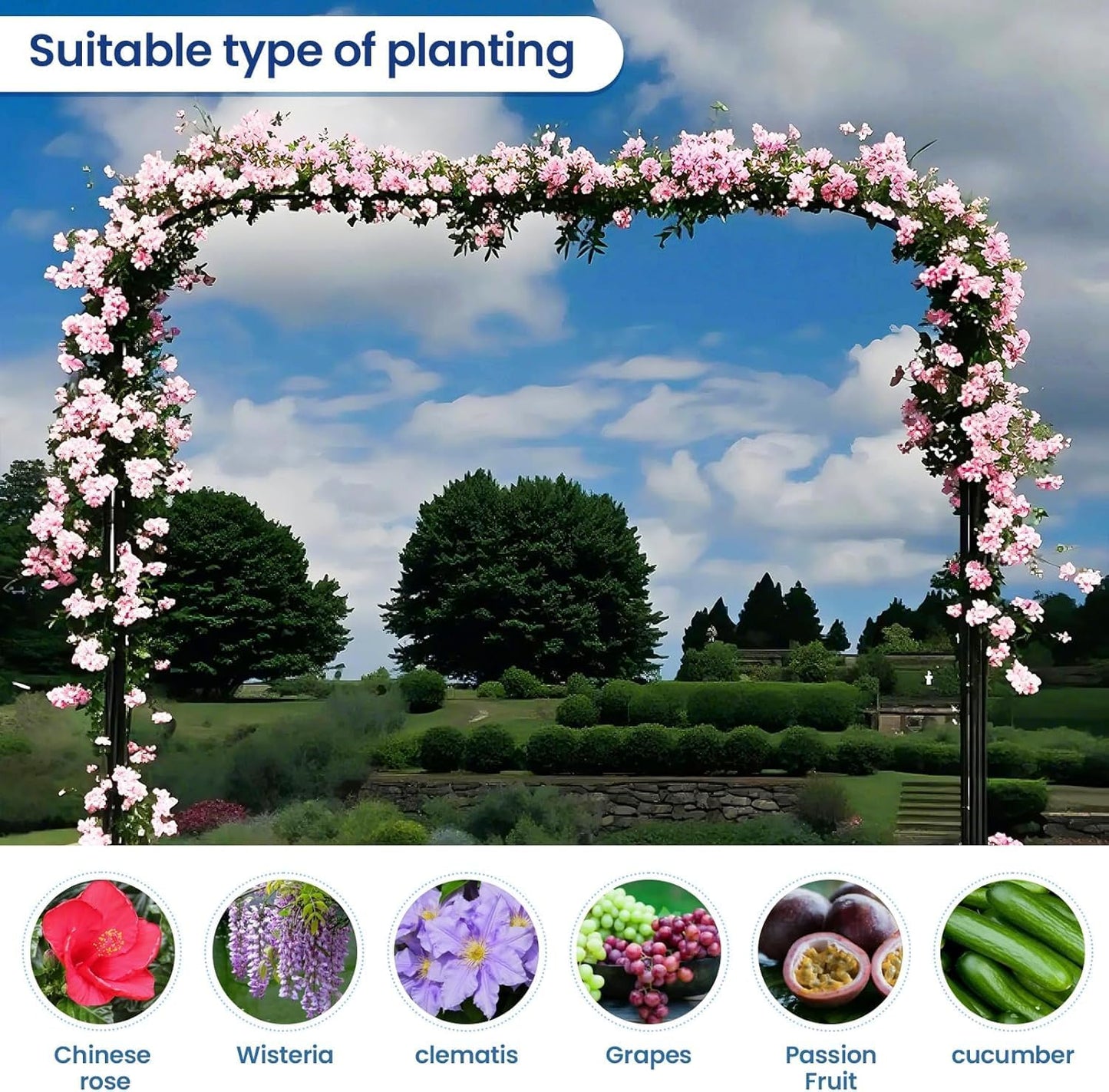 Garden Arch Arbor Trellis, 126" L x 94.5" H, Metal Archway for Climbing Plants Outdoor, Wide Sturdy Garden Arch for Lawn, Party, Ceremony Wedding Decoration