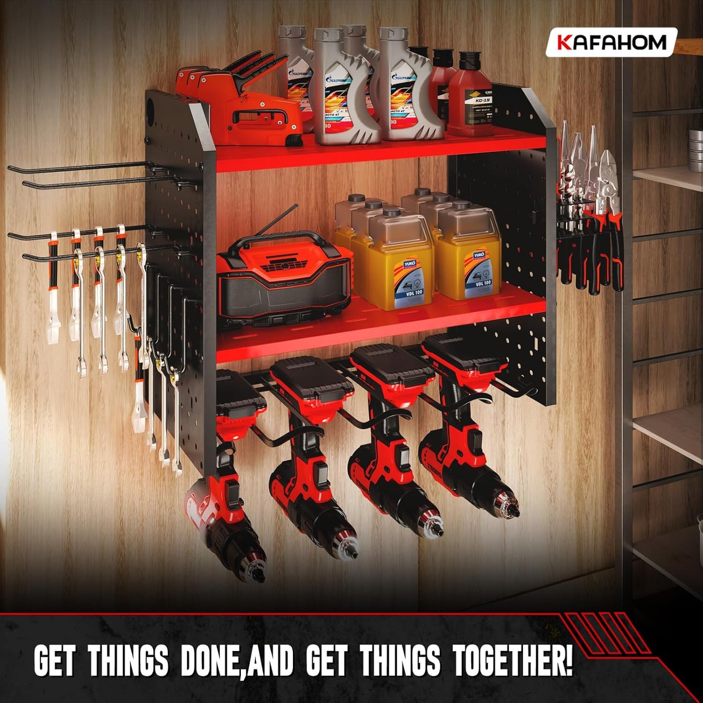 KAFAHOM Power Tool Organizer for Tool Storage, Drill Holder Wall Mount With 2 Side Pegboards, Metal Tool Shelf with 12 Hooks, Tool Organizers Storage Rack, Utility Cordless Drill Rack Red