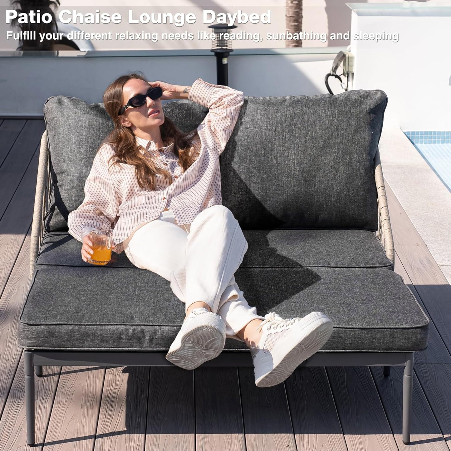 Patio Adjustable Daybed, 2-Person Outdoor Daybed with Cushions and Pillows, Woven Rope Patio Loveseat Garden Adjustable Reclining Chaise Lounge for Lawn, Poolside, Grey