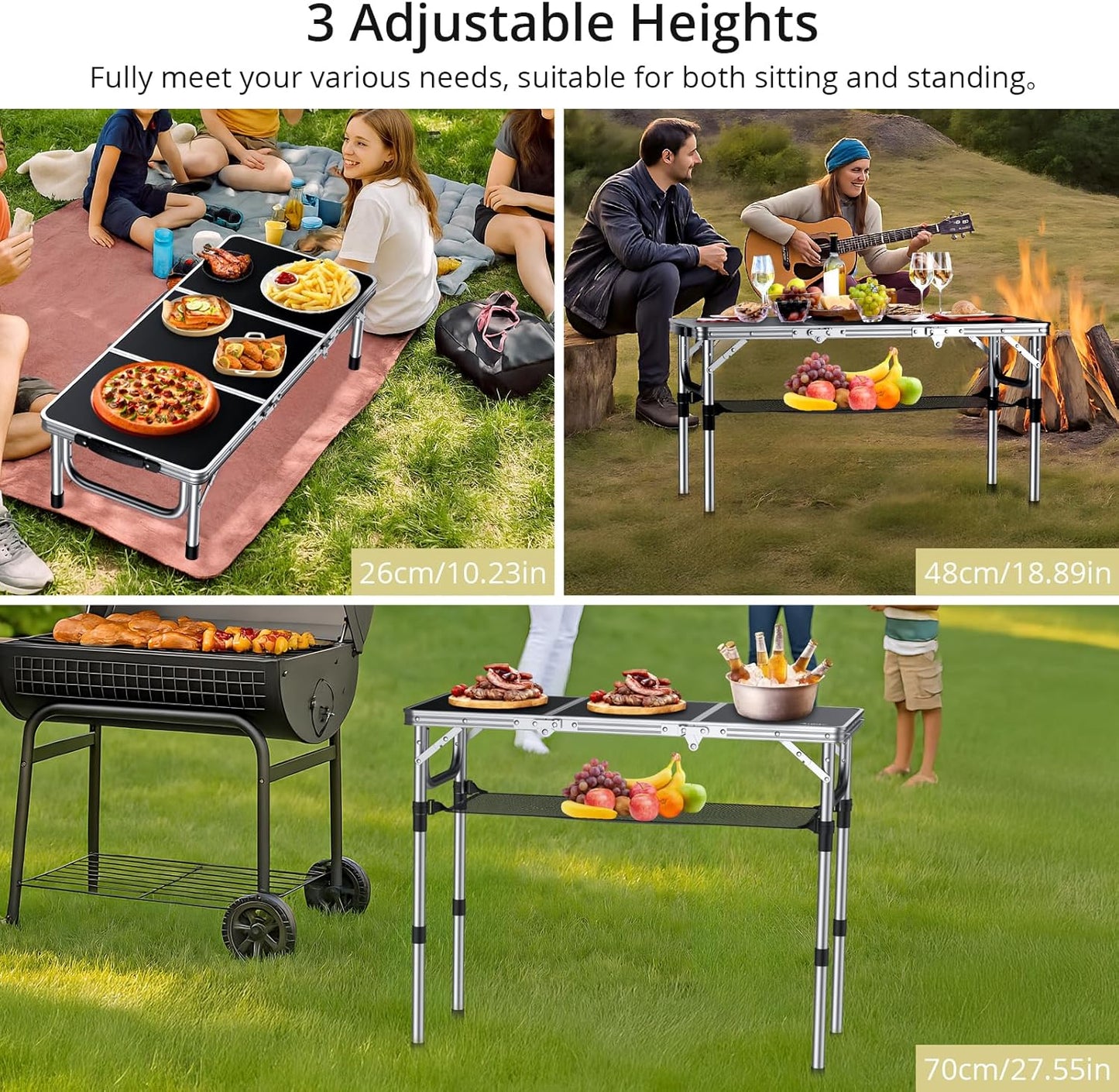 Folding Camping Table with Storage Net, 3ft Camping Table Aluminum Folding Table with 3 Adjustable Height Max 27.1 Inch Picnic Table Portable Table for Outdoor Backyard BBQ, Black