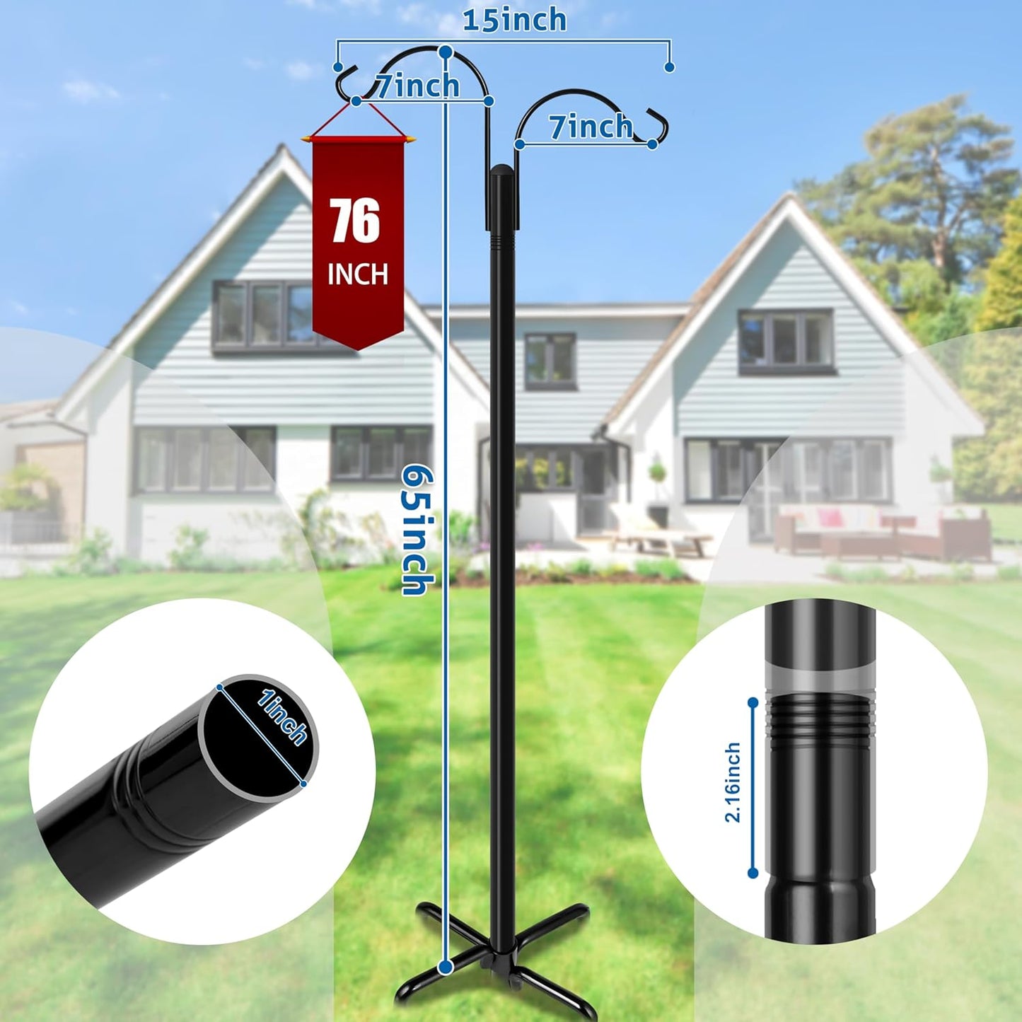 Ottsuls Double Shepherds Hooks for Outdoor, 76 Inch Bird Feeder Pole with 5 Prong Base, Upgrade 1 INCH Thick Heavy Duty Planter Hook for Hanging Baskets, Lantern,1 Pack