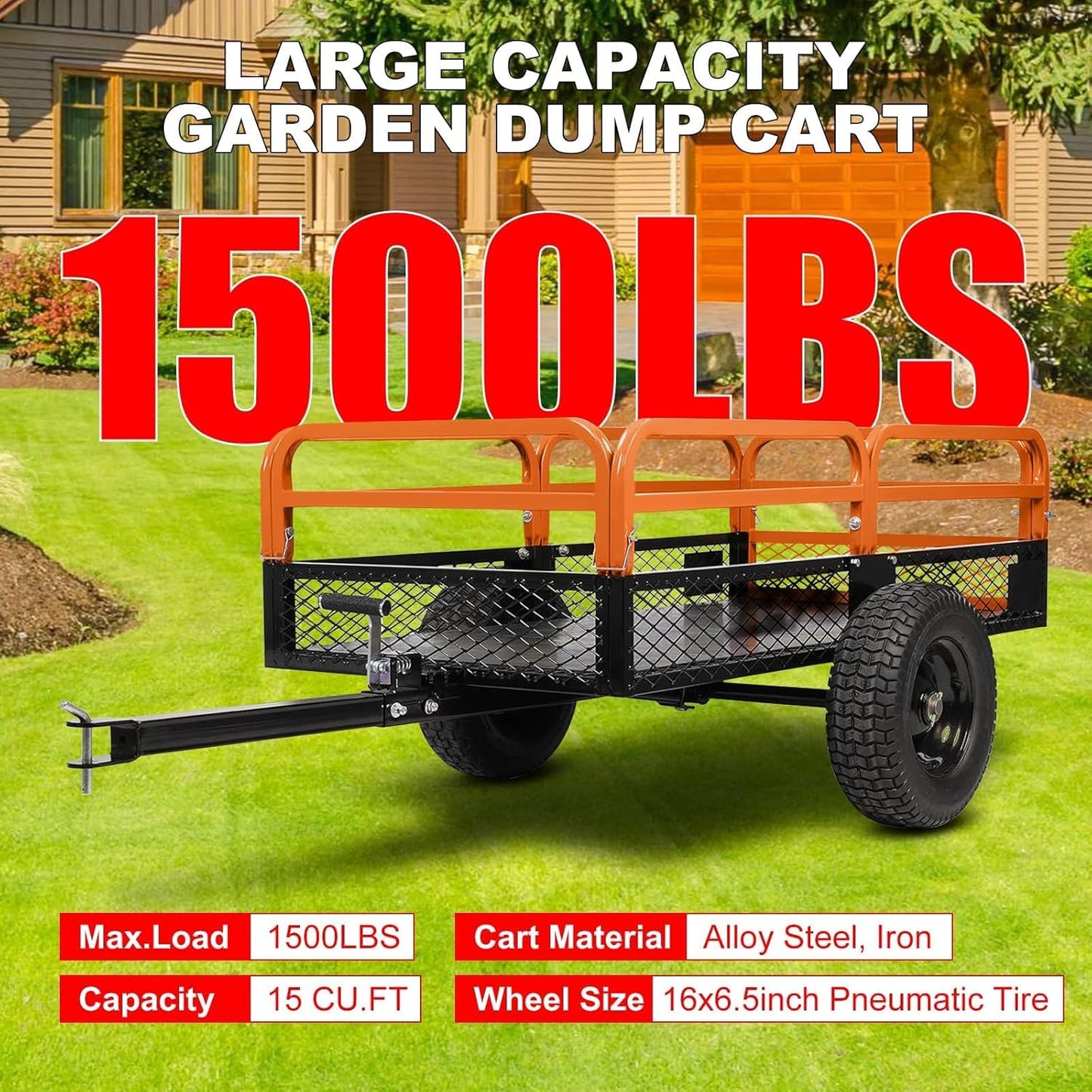 Heavy Duty Steel Dump Cart,1500 Lbs Utility Garden Cart with Wheels,15 Cubic Feet Garden Utility Trailer with Removable Sides,Hand Pull or Foot Pedal Dump Cart for Atvs, Utvs Lawn Garden Tractors