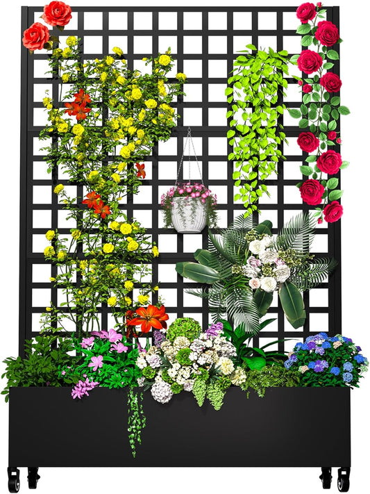 Metal Planter Box with Trellis, 72"x47"x16" Outdoor Galvanized Raised Garden Bed with Privacy Screen & Drainage Holes & Lockable Casters for Climbing Plants, Vegetable, Vines (Black-Grid)