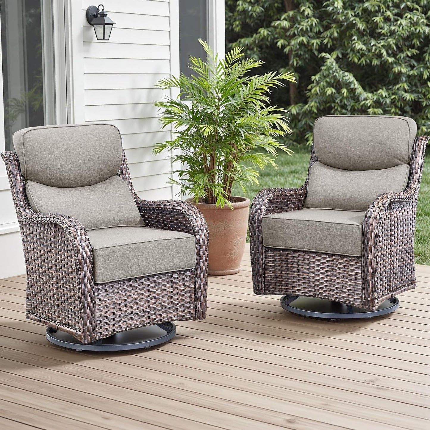 Outdoor Patio Swivel Rocker Chairs Set of 2, Waterproof Wicker, High Back, Deep Seating, Wide Armrest, Upgraded 6 inch Thick Cushions, Ideal for Deck Porch Backyard, Brown/Beige