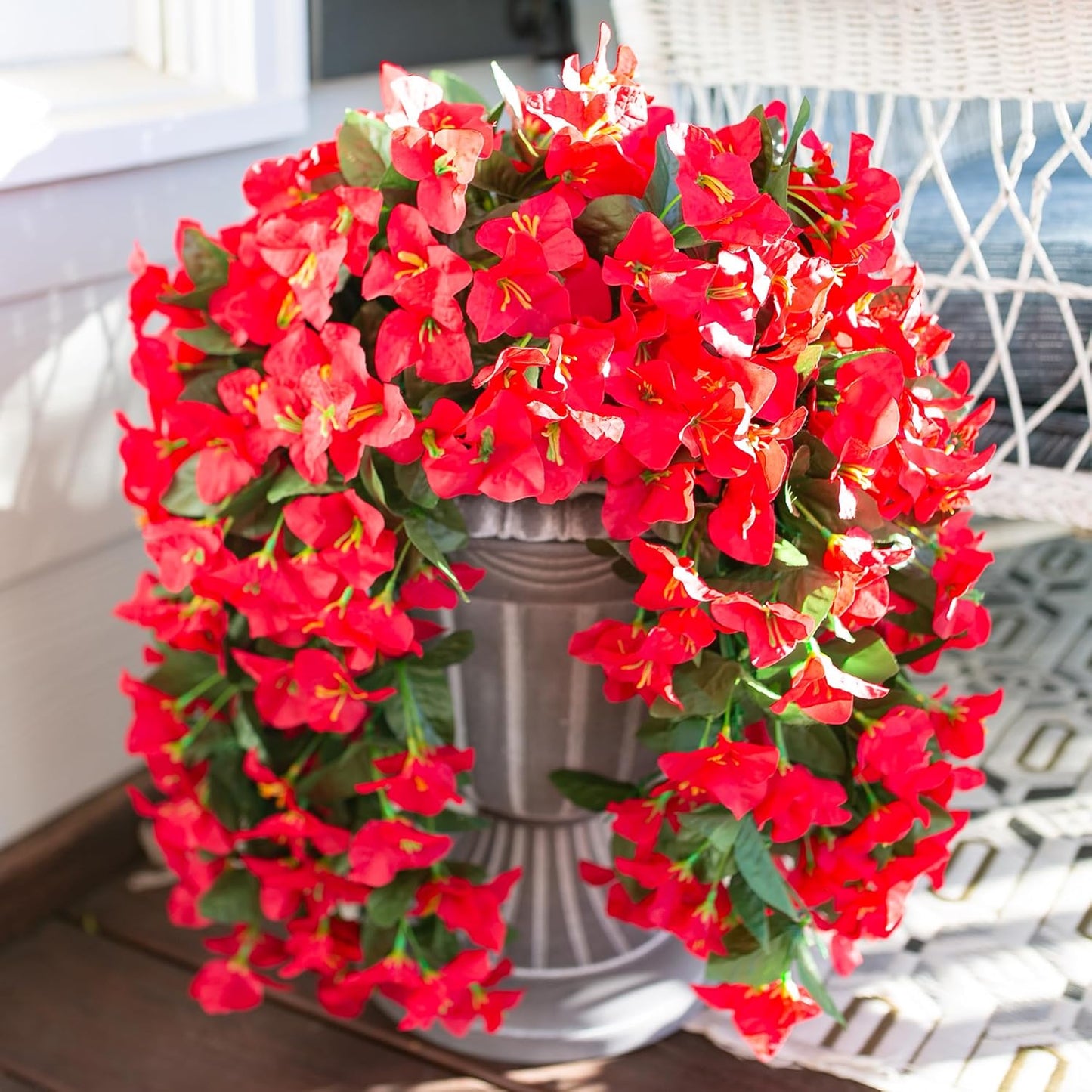 Bougainvillea Artificial Hanging Flowers Plants for Outdoors Decoration, 2pcs Fake Flowers Silk Bougainvillea Vines Realistic UV Resistant Faux Flowers for Outdoor Planters Porch Patio, Red