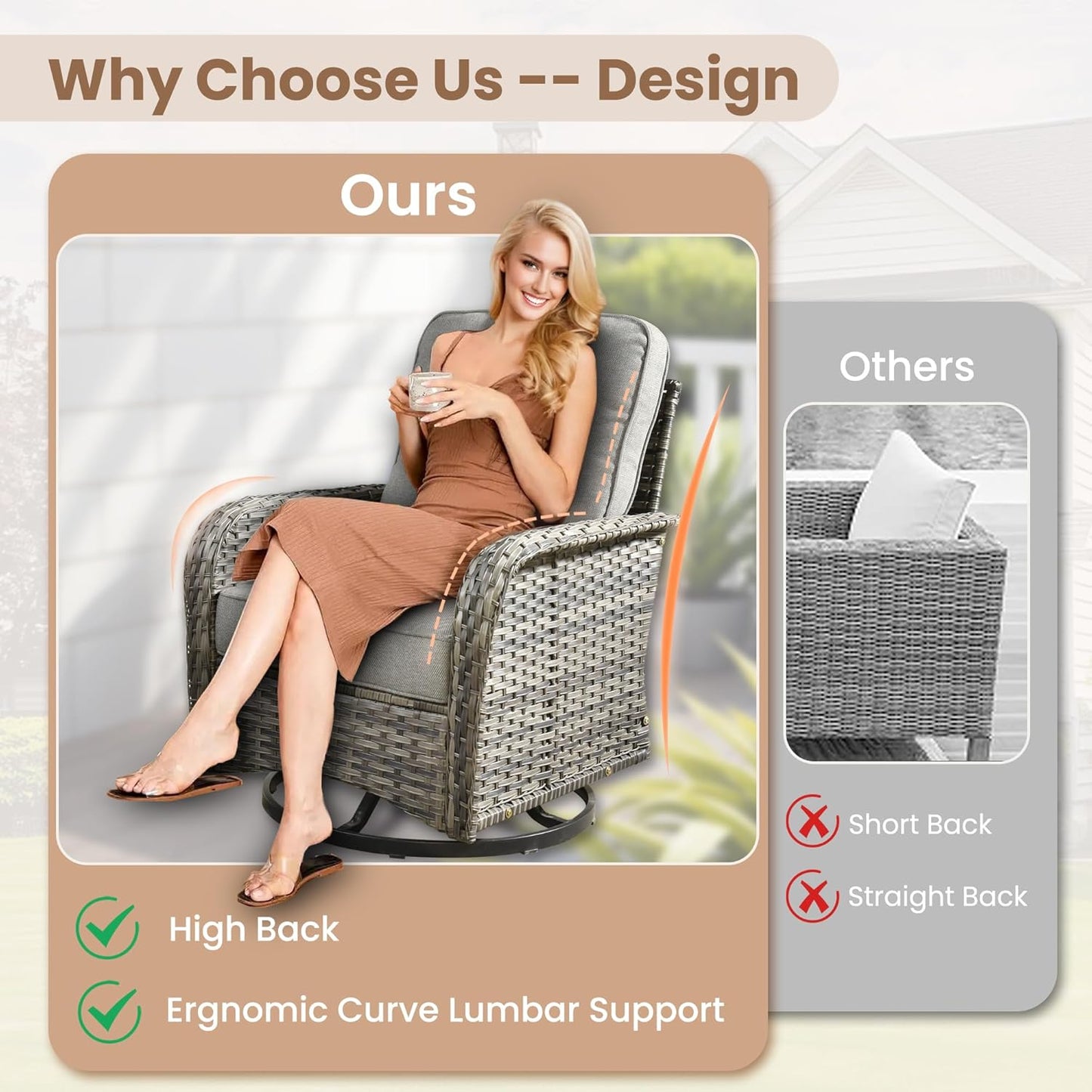 HOOOWOOO Patio Furniture Set,8 Pieces Outdoor Conversation Set,All Weather Wicker Loveseat Sofa Set with High Back Swivel Rocking Chairs Tables,Dark Gray