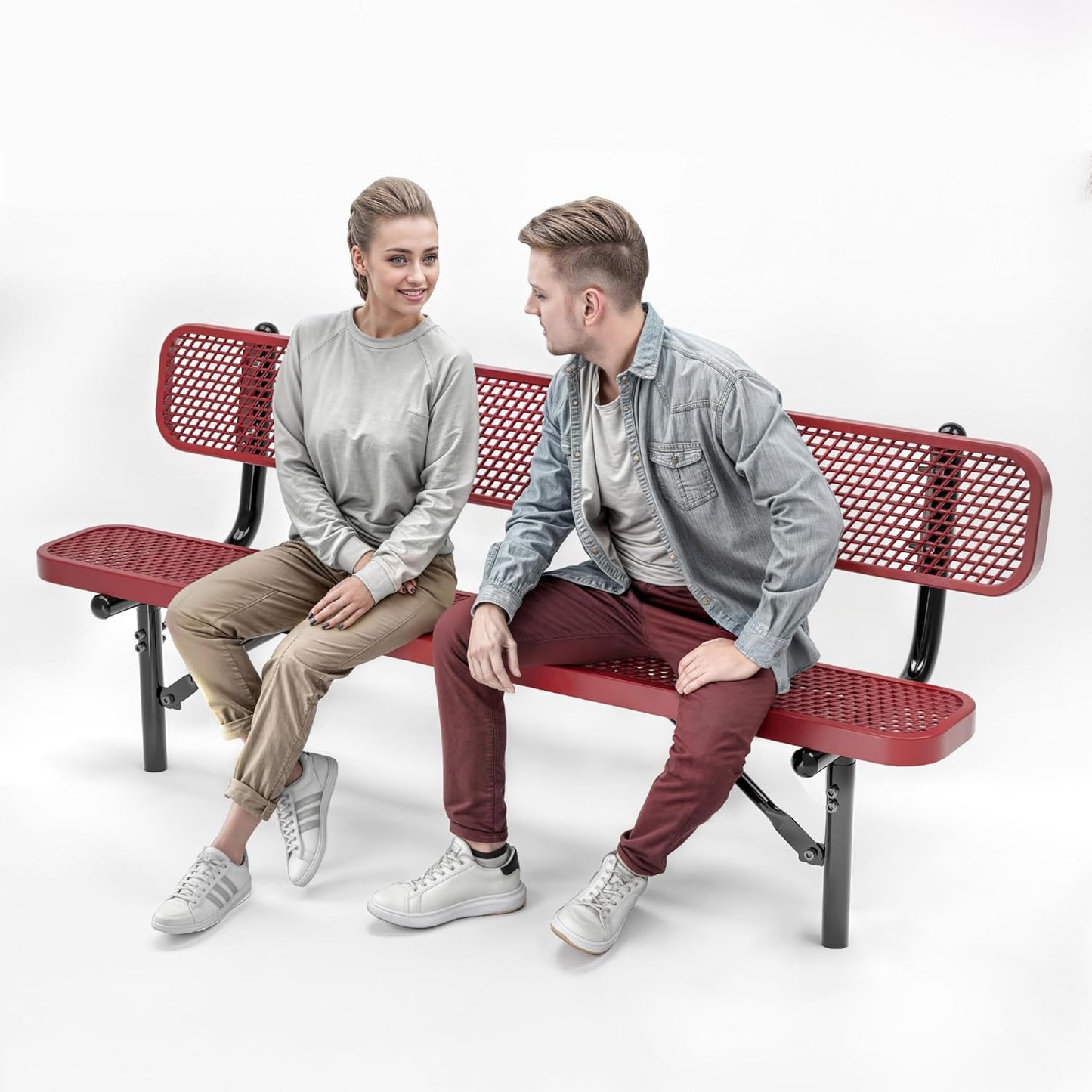 Heavy-Duty Outdoor Metal Bench, Thermoplastic-Coated, Inground, Weatherproof, Commercial-Grade for Parks, Gardens, Patios, Stores & More (6 Ft - Inground with Back, Red)