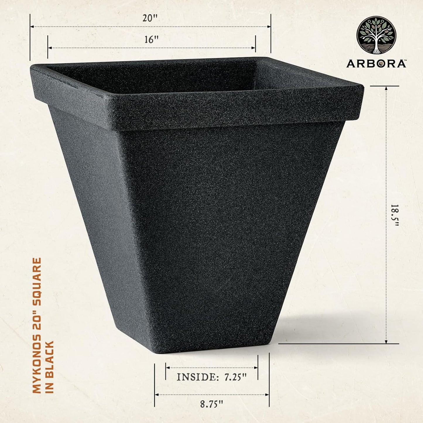 ARBORA 20" Mykonos Square Polyresin Indoor and Outdoor Planter with Classic Black Finish - Durable, Weatherproof, Lightweight, Large Plant Pot for Patio, Garden, Deck, Entryway