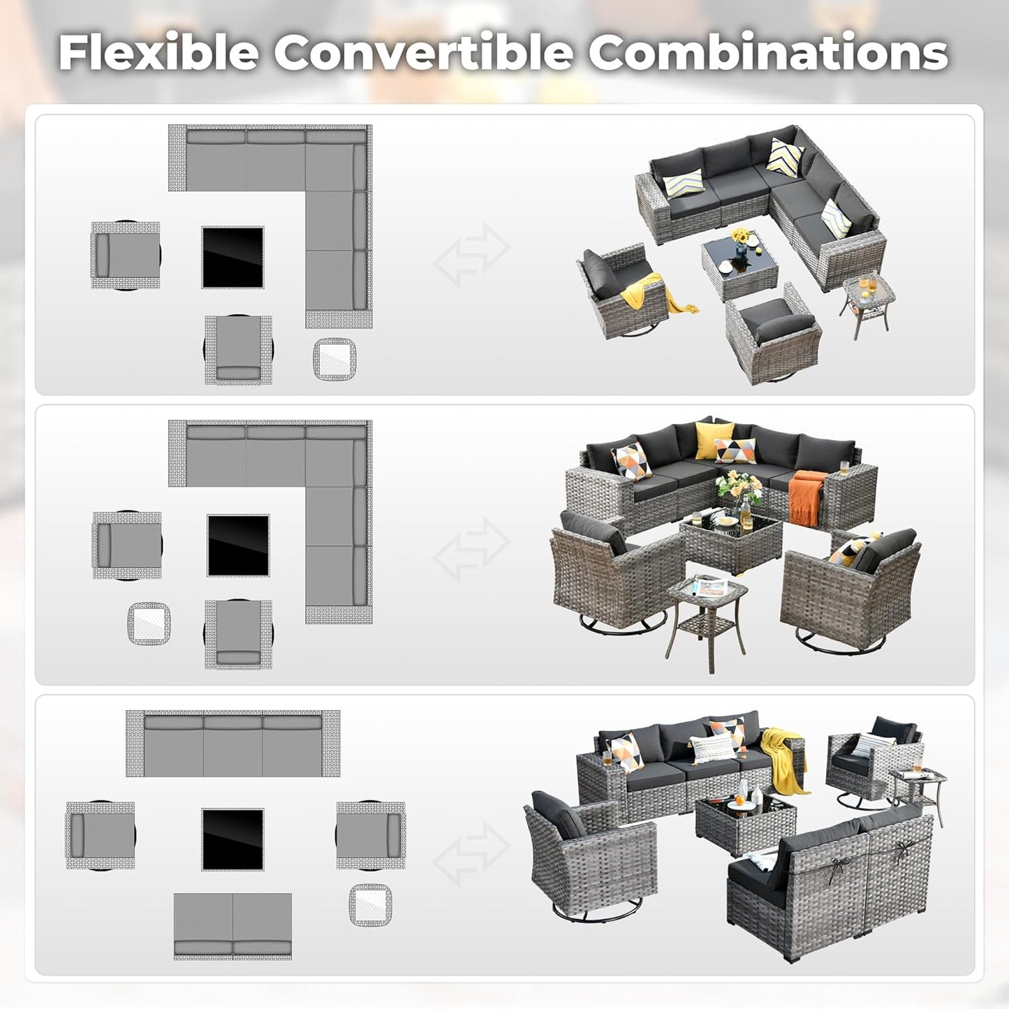 ovios 9 Pieces Patio Furniture Set, Outdoor Wicker Sectional Sofa with 2 Swivel Chairs Coffee Table, Modern Modular Deep Seat Rattan Couch Conversation Sets, Black