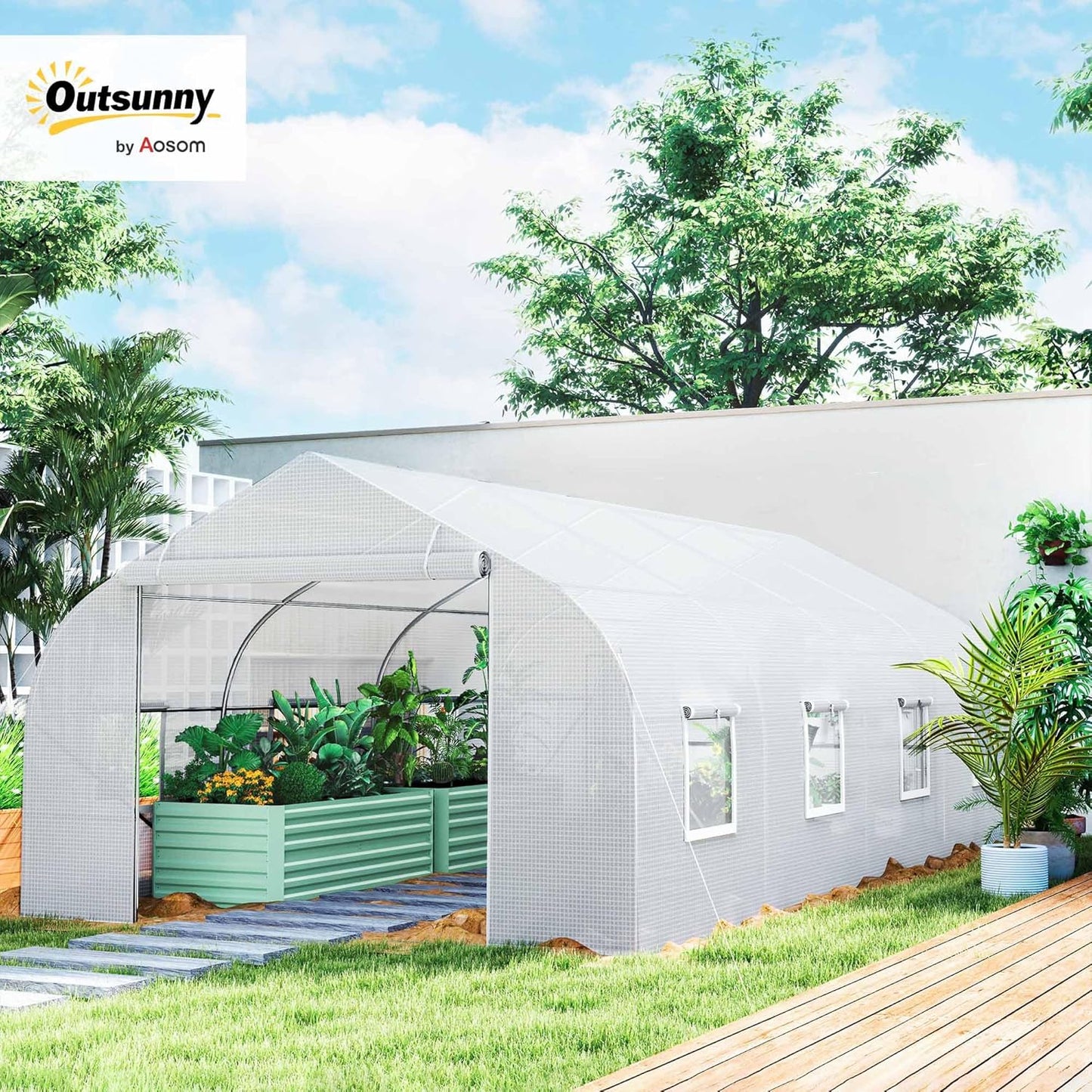 Outsunny 20' x 10' x 7' Outdoor Walk-in Greenhouse, Tunnel Green House with Roll-up Windows, Zippered Door, PE Cover, Heavy Duty Steel Frame, White