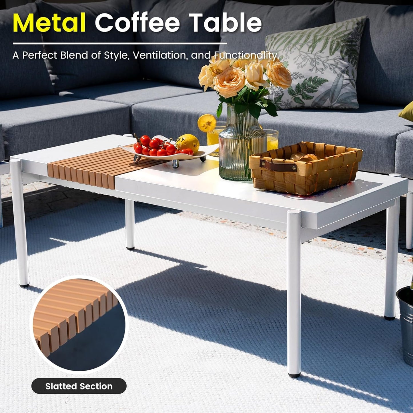 Sundale Outdoor Modern Metal Outdoor Coffee Table with Slatted Wood-Look Tabletop Design, Weather-Resistant Patio Side Table for Garden, Balcony, Poolside(White)