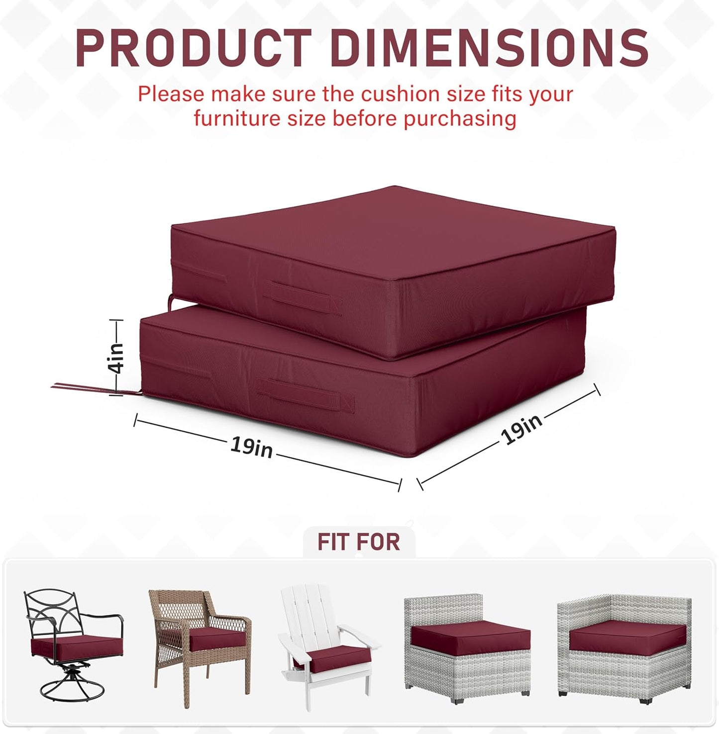 Patio Chair Cushions 19 X 19 X 4 Inch Waterproof Outdoor Seat Cushions for Patio Furniture, Outdoor Sofa Couch Pads with Ties & Handle, Set of 2, Burgundy