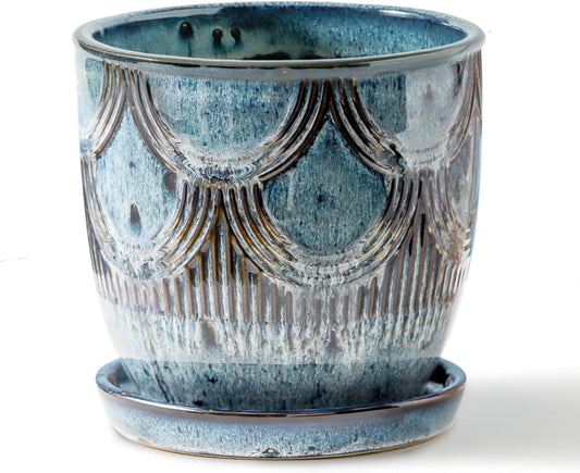 Ceramic Planter Pot, 5in, Reactive Glaze Blue, Indoor Outdoor Usage, with Drainage Hole and Saucer