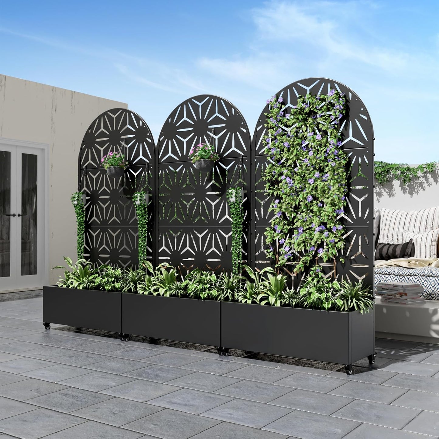 Casaphoria Metal Raised Garden Bed with Trellis and Wheels, 72"x35"x16" Arched Planter Box for Climbing Plants, Vegetables & Vines, Features Drainage Holes and Privacy Screen (Black-Star)