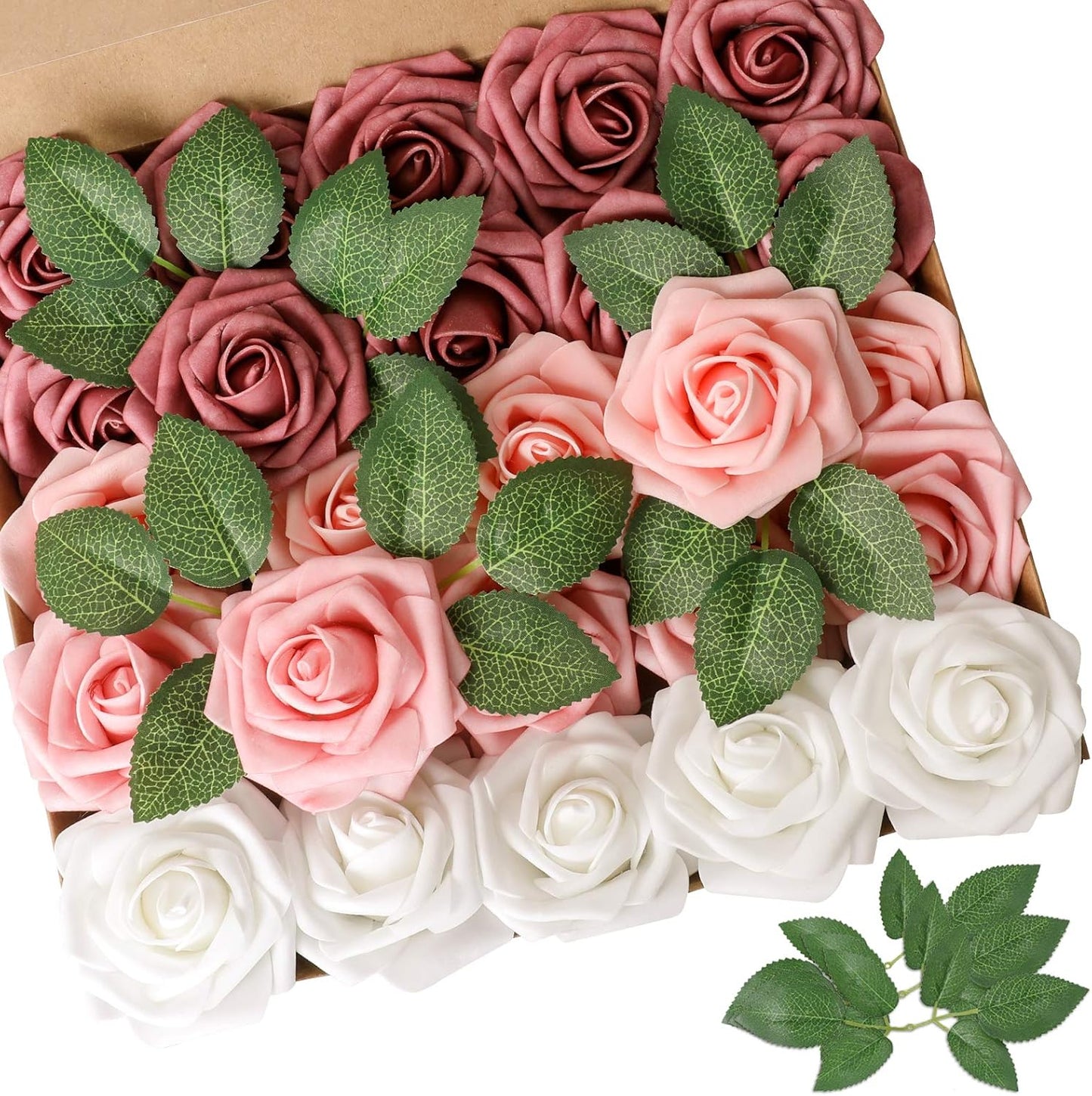 AmyHomie Artificial Flower Shades of Rose 25pcs Real Looking Fake Roses w/Stem for DIY Wedding Bouquets Centerpieces Arrangements Party Baby Shower Home Decorations