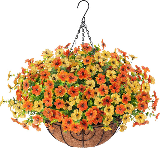 Artificial Fake Hanging Mums Plants Flowers Basket for Fall Autumn Outdoor Decor, Faux Silk Orange Dasiy Flower Look Real UV Resistant for Outside Porch Home Patio Garden Decoration