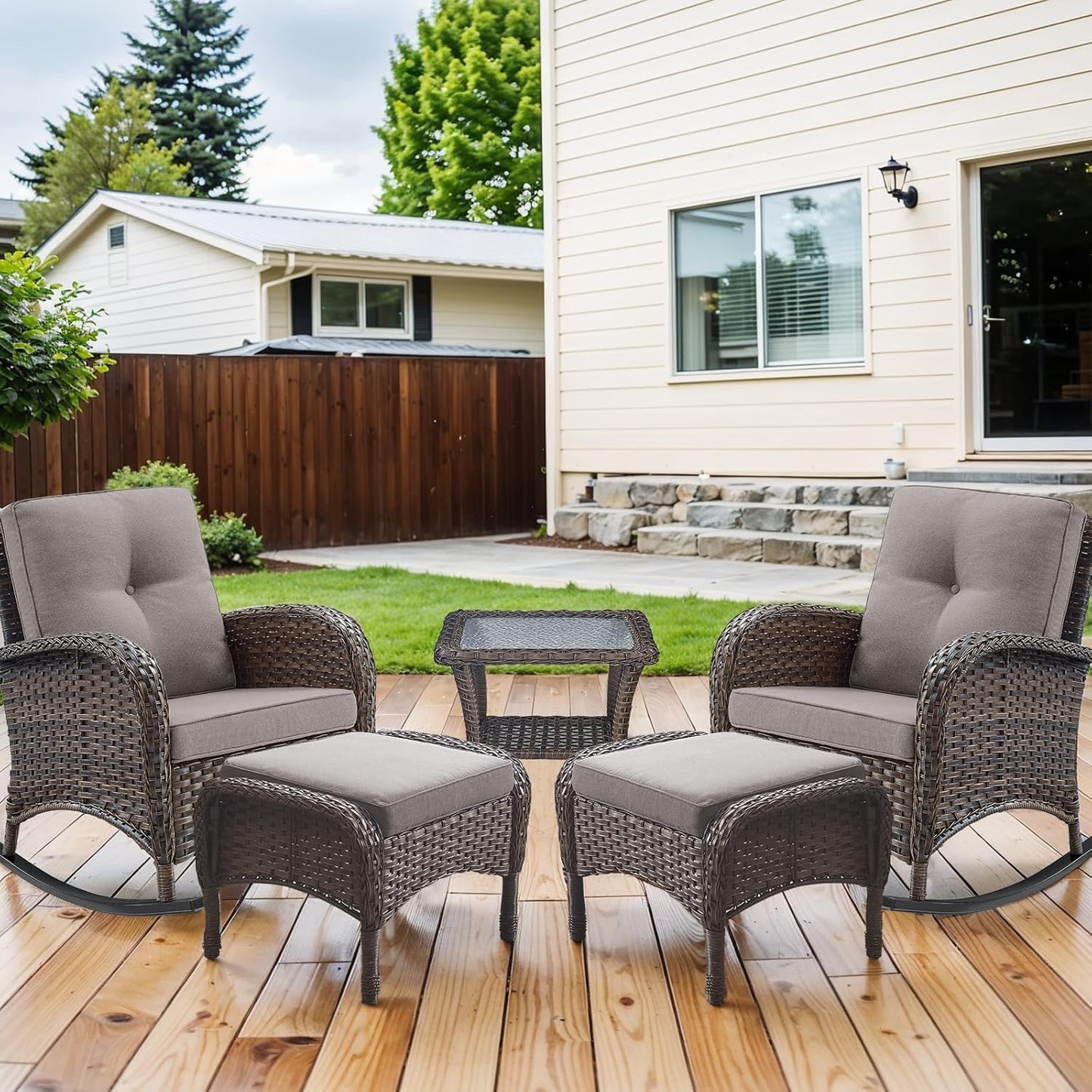 HUMMUH 5 Pieces Wicker Patio Furniture Set,Outdoor Rocker Chairs,Patio Ottomans,Glass Top Side Table,Outdoor Conversation Set for Porch Deck Backyard Poolside