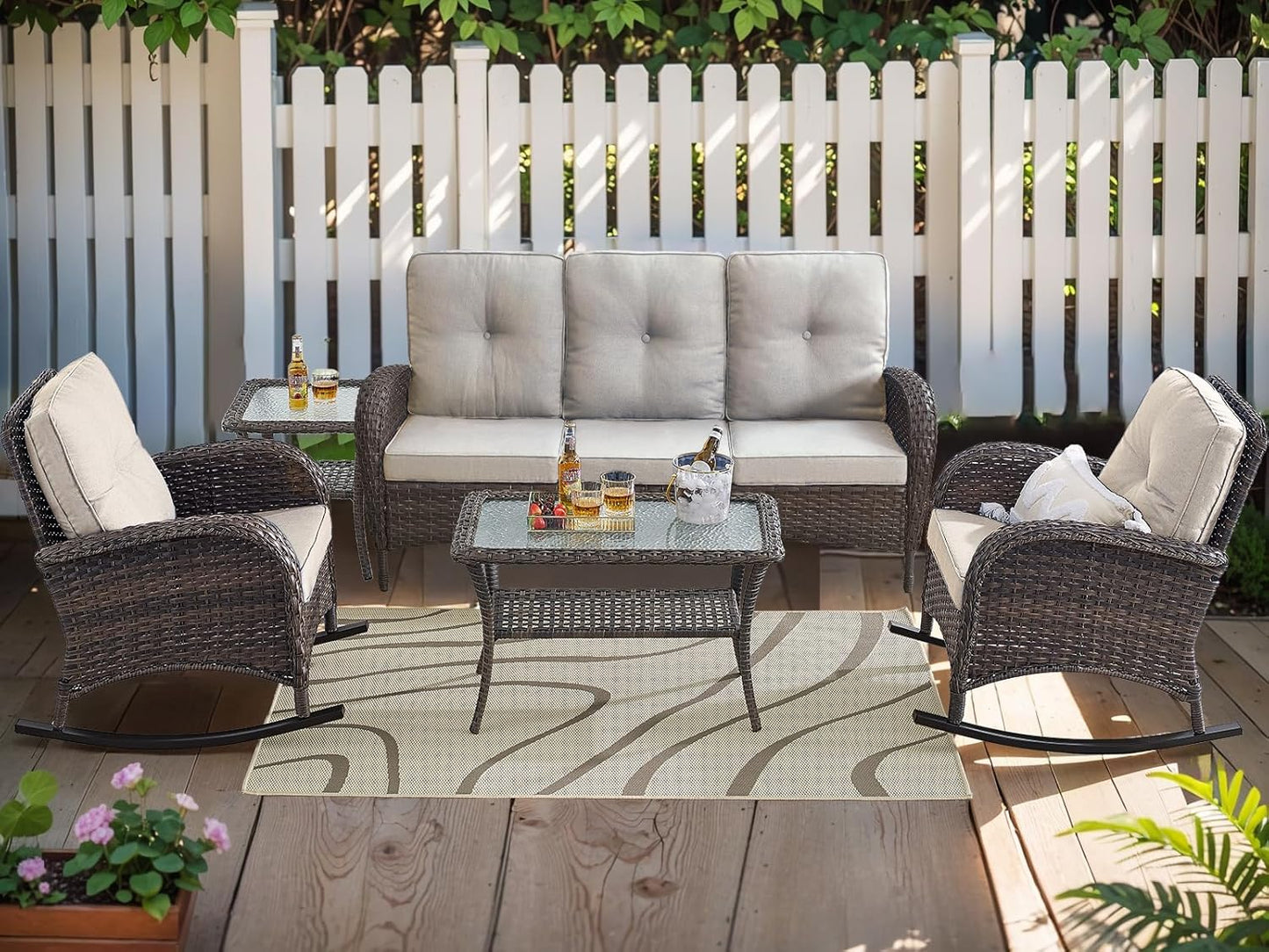 HUMMUH 5-Piece Outdoor Patio Furniture PE Wicker Patio Conversation Set,All-Weather Outdoor Rocking Chairs with Patio Couch Tables for Backyard,Poolside,Deck