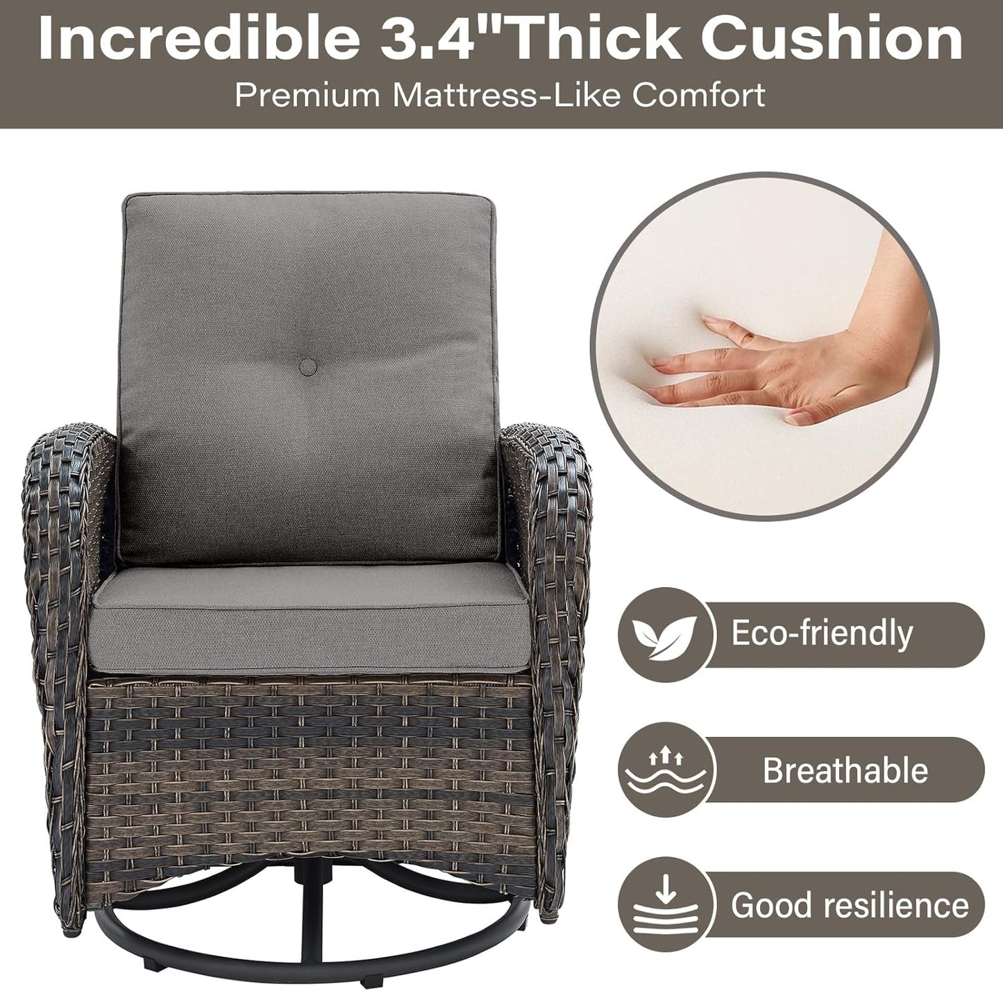 Expansive 10 Pieces Outdoor Patio Furniture Set with 43” Propane Fire Pit Table, Patio Conversation Set with Swivel Rocker Outdoor Chairs Set of 4 and Sofa, Ottoman and Wicker Side Table Brown