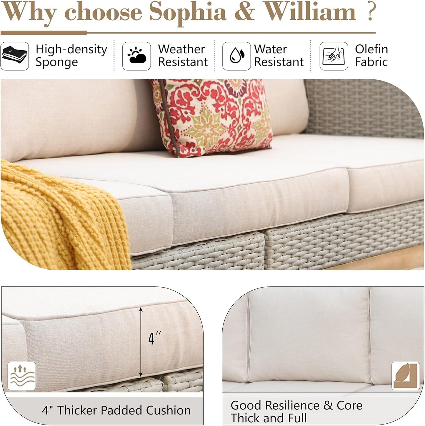 Sophia & William Outdoor Patio Furniture Sets, 5-Piece All-Weather Patio Conversation Set, High Back Wicker Rattan Setional Sofa with Large Single Sofa Chairs, Ottomans & Wooden Coffee Table (Beige)