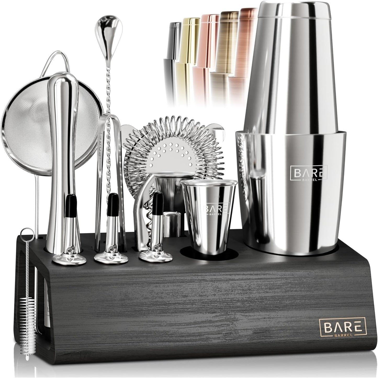 BARE BARREL® Mixology Bartender Kit Bar Set | 14-Piece Cocktail Shaker Set | Martini Barware Mixing Tools for Home Bartending | Incl. 35 Recipe Cards | Gift Set (28oz Boston Shaker, Silver/Black)