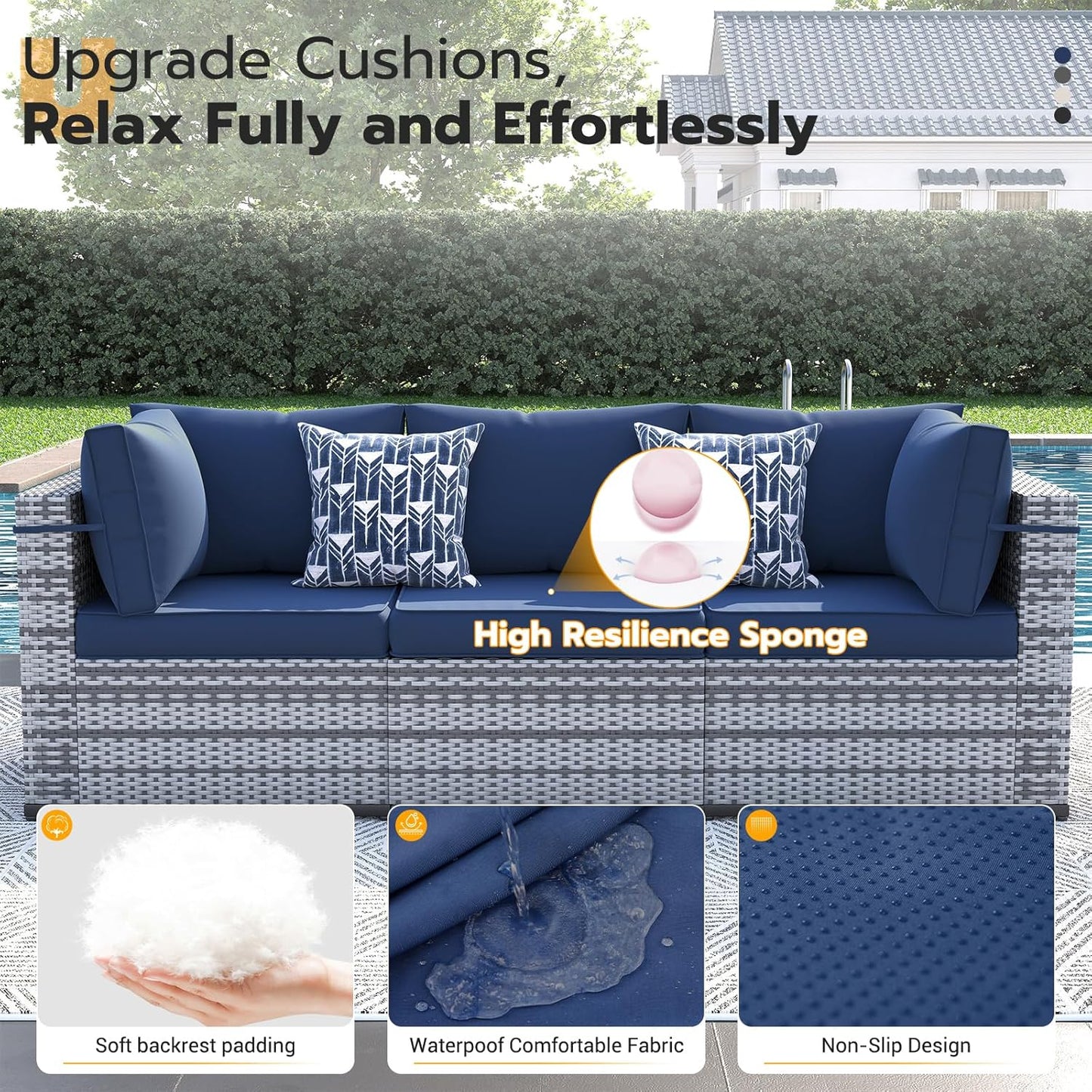 UDPATIO Patio Furniture Set with Fire Pit Table, 8 Piece Outdoor Sectional Modular Sofa, Wicker Outdoor Furniture Conversation Sets with Waterproof Cover for Backyard Deck(Grey/Navy Blue)