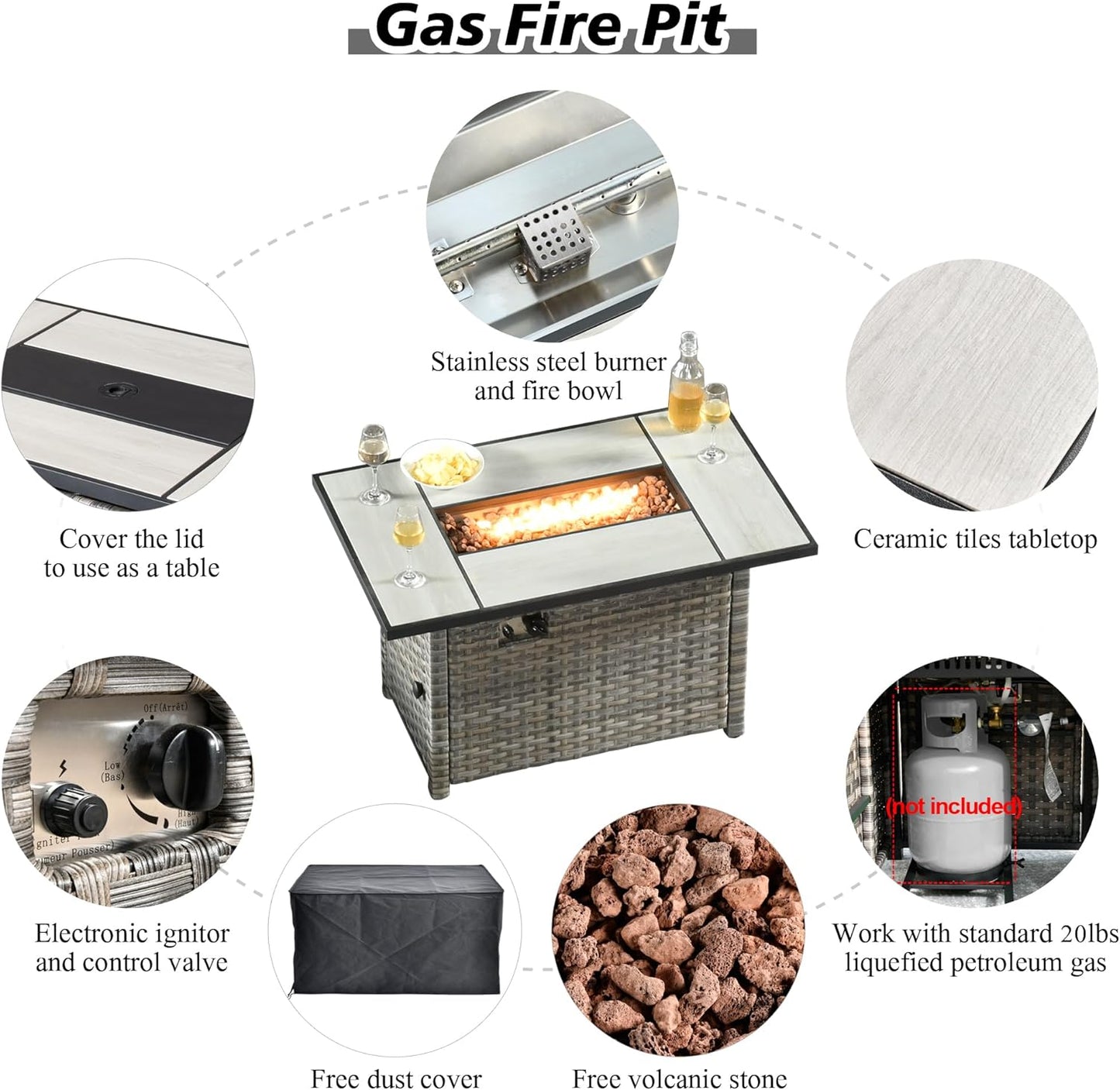 HOOOWOOO 9 Piece Modular Patio Outdoor Sectional Furniture Set with Large Propane Fire Pit Table,Wicker Conversation Sofa Set with Swivel Chairs,Outside Couch Set(Dark Grey)