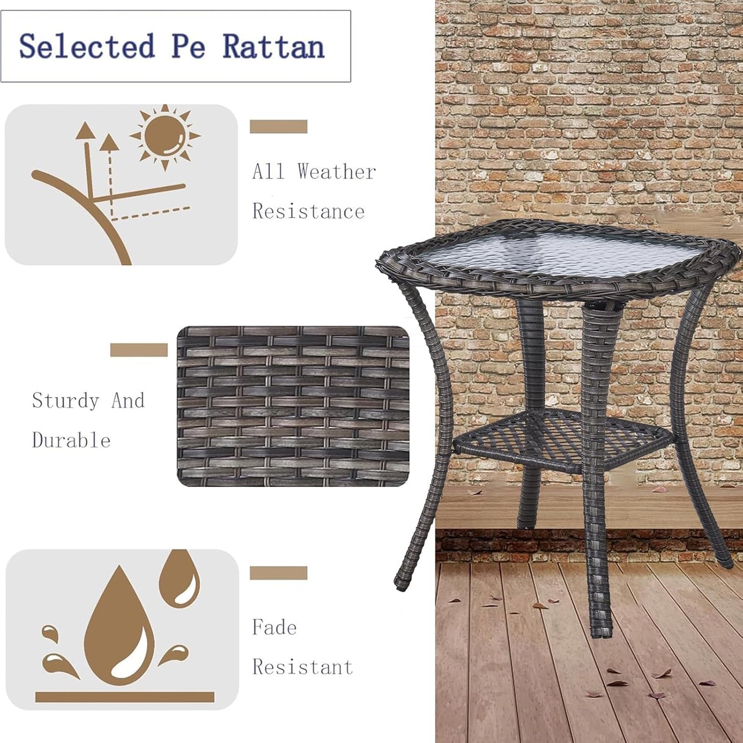 Outdoor Side Tables for Patio, Wicker/Rattan End Tables, Outdoor Wicker Side Table, Grey Rattan Glass Top Patio Side Table