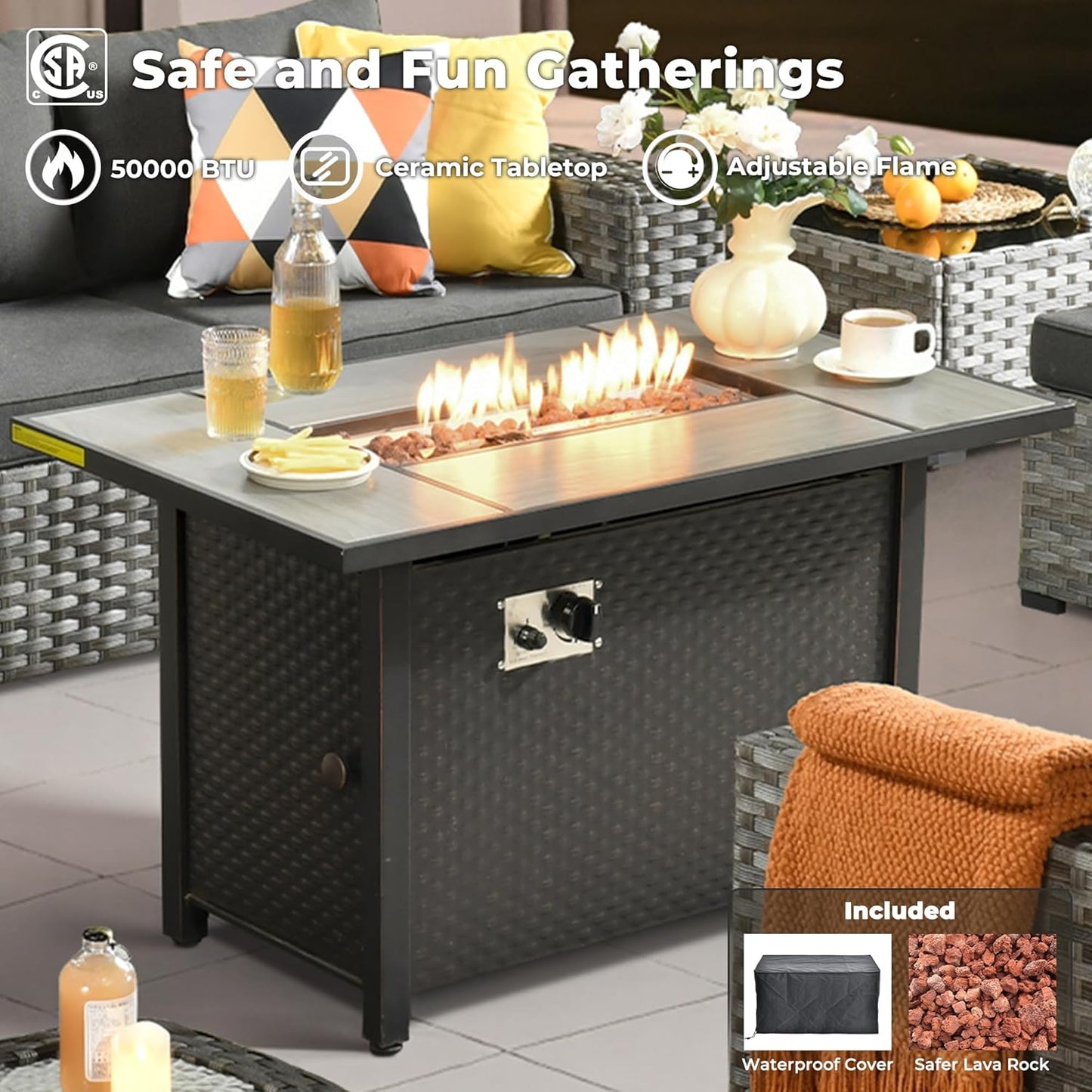 ovios 7 Pieces Patio Furniture Set, Outdoor Wicker Sectional Sofa with 42 Inch Fire Pit Table Comfy Cushions, Modern Modular Deep Seat Rattan Couch Conversation Set, Black