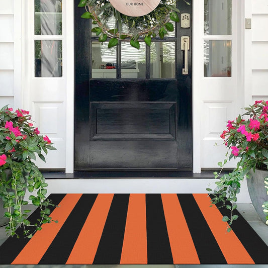 IOHOUZE Fall Door mat 27.5" x 43" Orange Black Striped Area Rug Washable Front Porch Rug Striped Door Mat Outside Entrance Entryway Doormat for Fall, Halloween, Thanksgiving Porch Decor