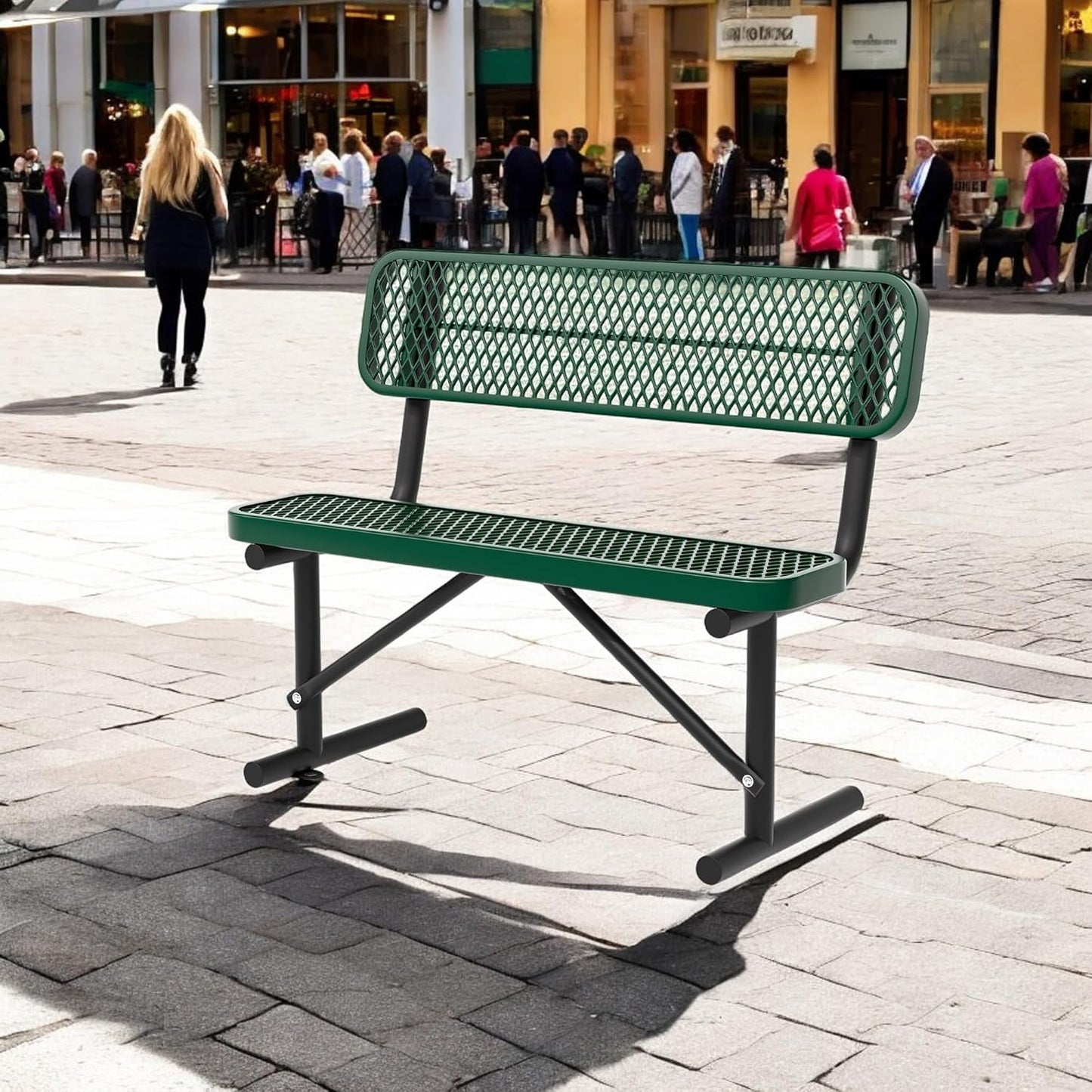 4FT Heavy Duty Park Bench with Back Portable Frame, Outdoor Steel Bench with Backrest, Green Park Bench Expanded Metal Mesh Bench for Lawn, Park, Deck, Garden, Patio, Porch (Green, 4FT)