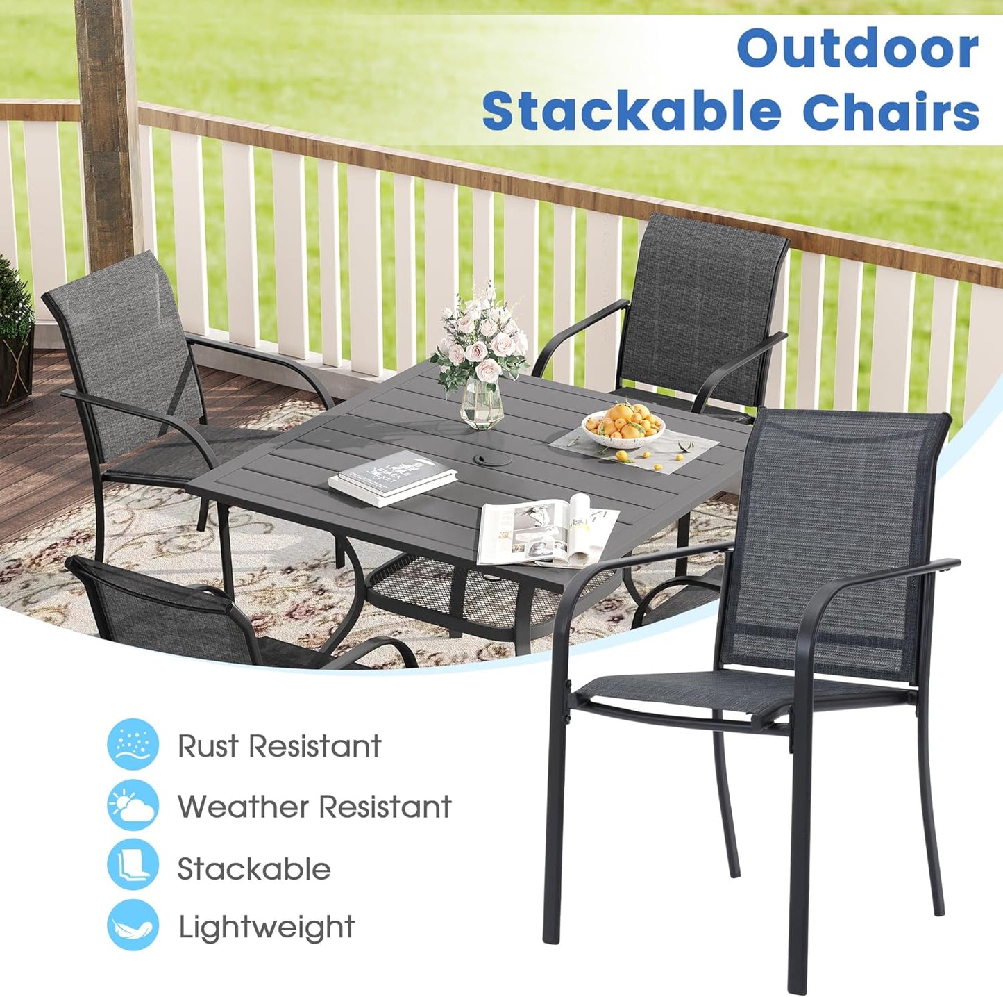 VICLLAX 7 Pieces Patio Dining Set for 6, Outdoor Furniture Set Includes 59" Rectangle Outdoor Table and 6 Stackable Patio Sling Chairs, Black Tabletop and Grey Fabric