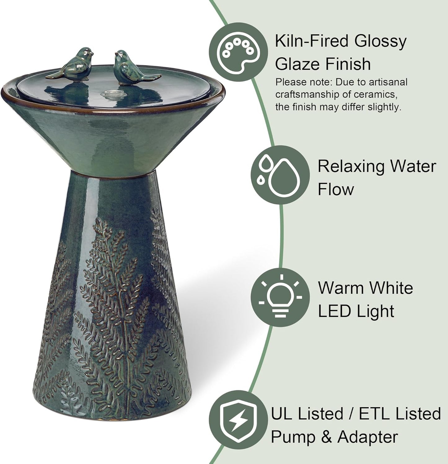 Glitzhome 27.5" H Outdoor Garden Water Fountain with LED Light and Pump, Turquoise Two Birds Embossed Pattern Pedestal Ceramic Floor-Standing Water Fountain for Yard Floor Patio Backyard