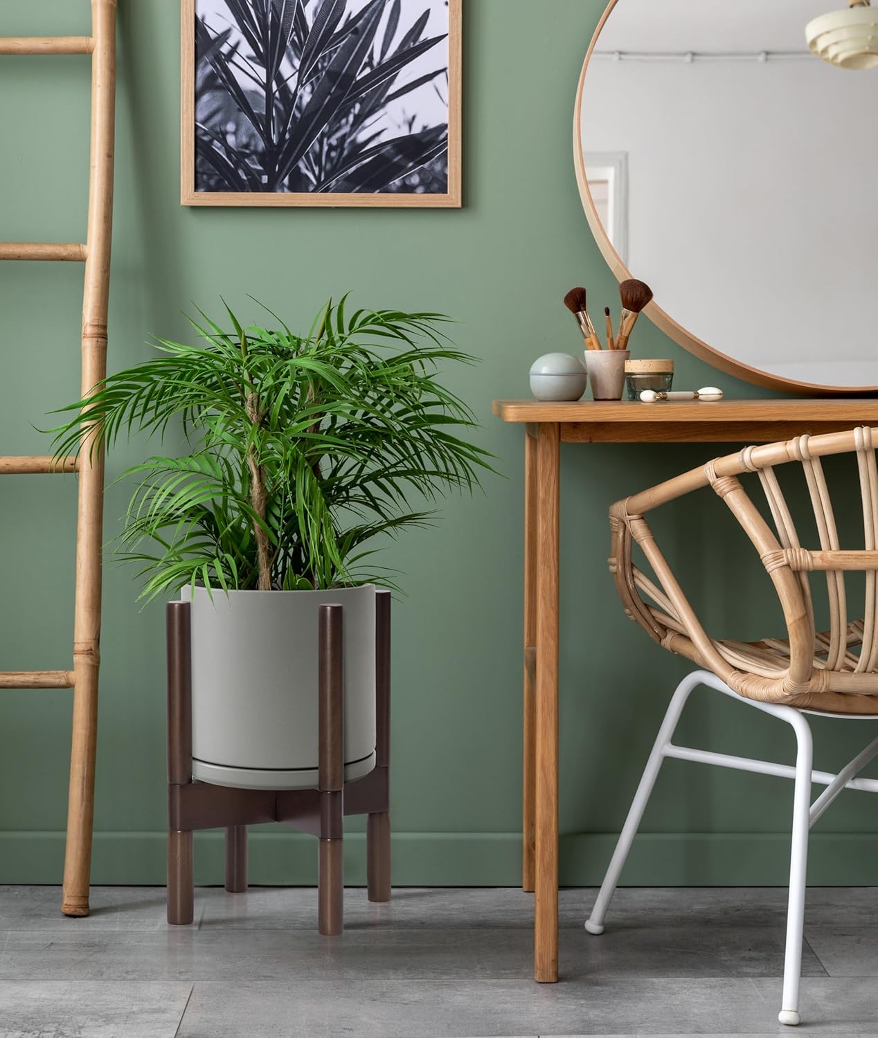 D'vine Dev Ceramic Planter with Walnut Color Stand - 8 Inch Modern Round Flower Pot with Wood Planter Holder, Grey, 55-B-Y-3