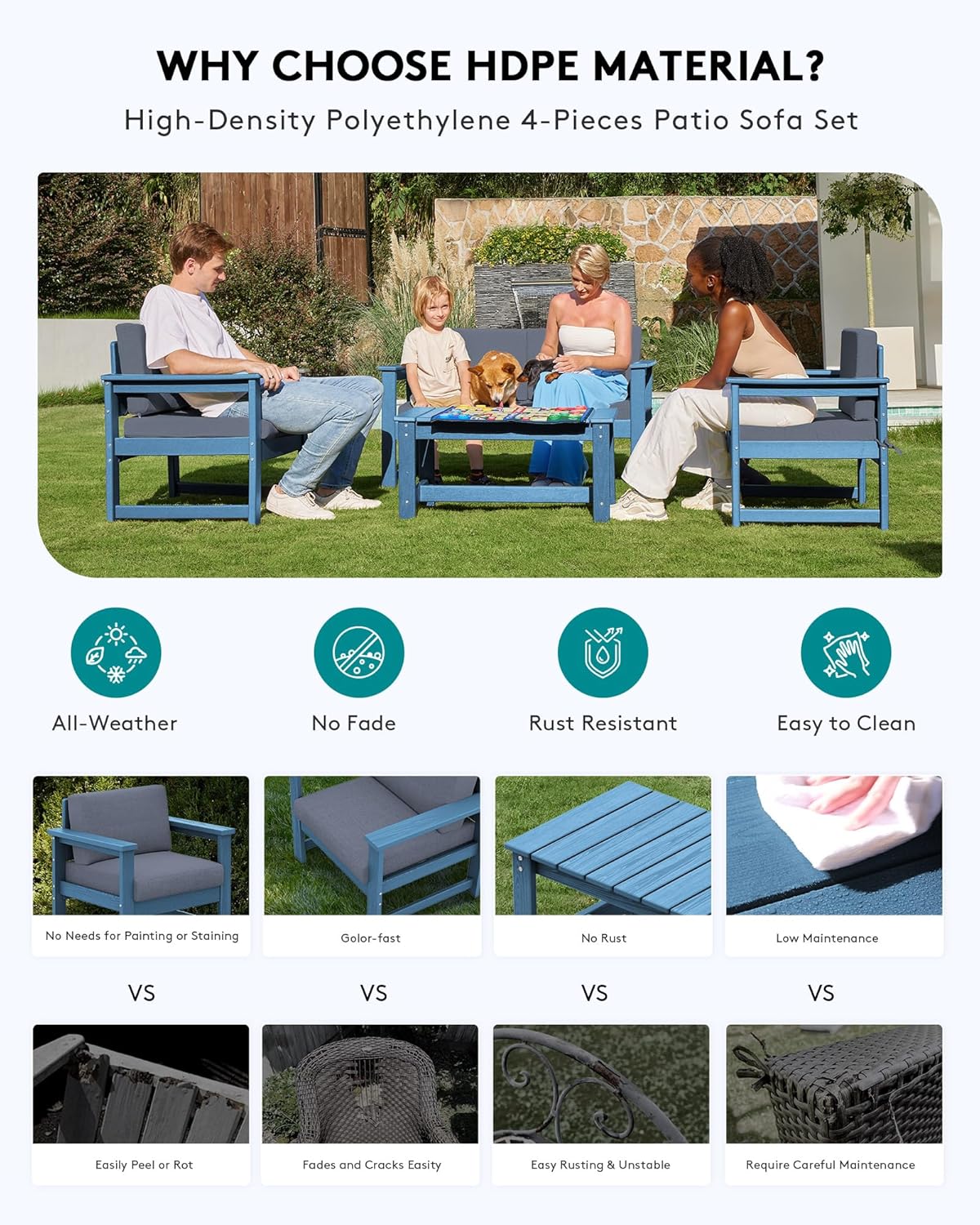 SERWALL 6 Pieces HDPE Outdoor Conversation Sofa Set with Cushions, All Weather Couch Loveseat Furniture with Coffee Table and Cushion, Outdoor Social Sofa Set, Blue Frame with Grey Cushions