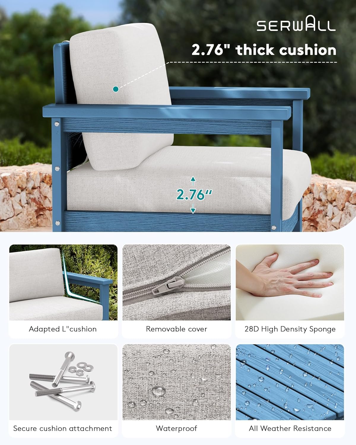 SERWALL 6 Pieces HDPE Outdoor Sofa Set with Cushions, Outdoor Conversation Couch Loveseat Furniture Set with Coffee Table for Balcony, Deck, Poolside, Black Frame with Khaki Cushions