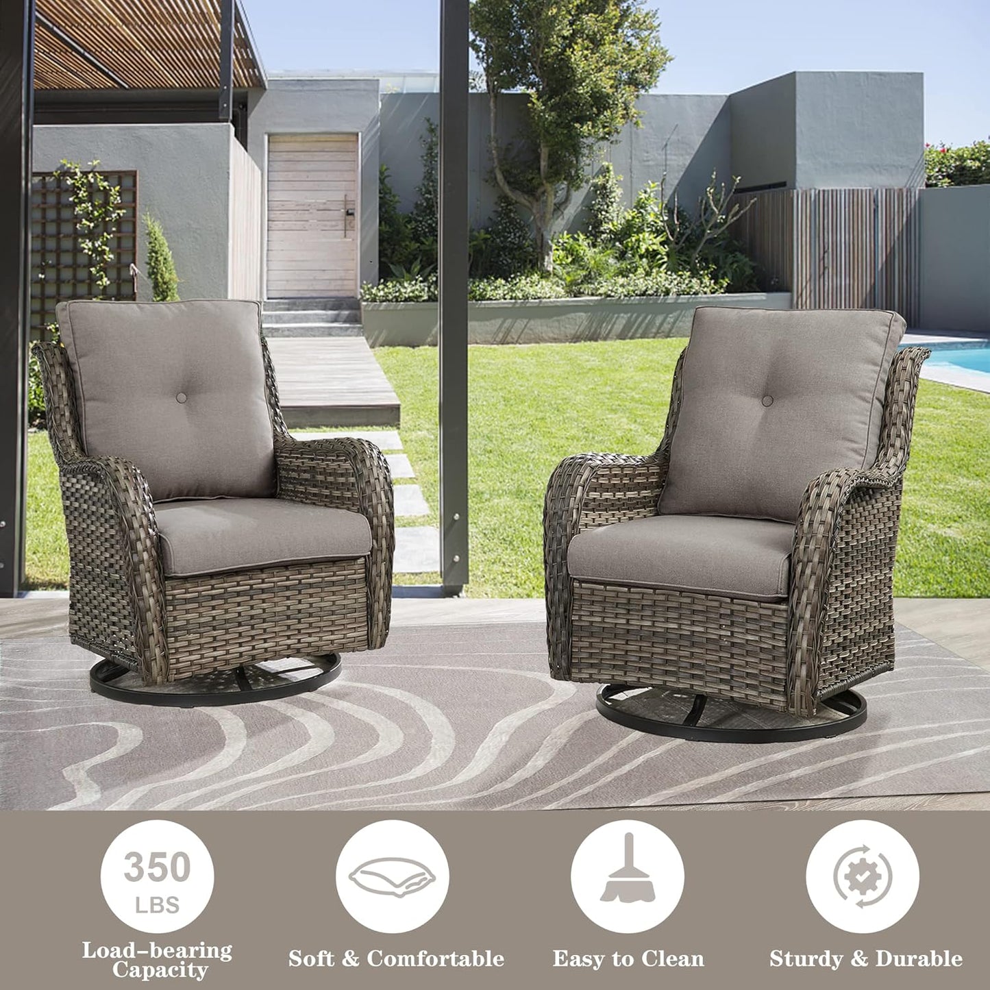 5 Piece Outdoor Patio Furniture Set - Wicker Furniture Patio Conversation Set, Outdoor Swivel Rocker Chairs with 3-Seater Sofa and 2 Ottomans for Small Space, Gray Cushion
