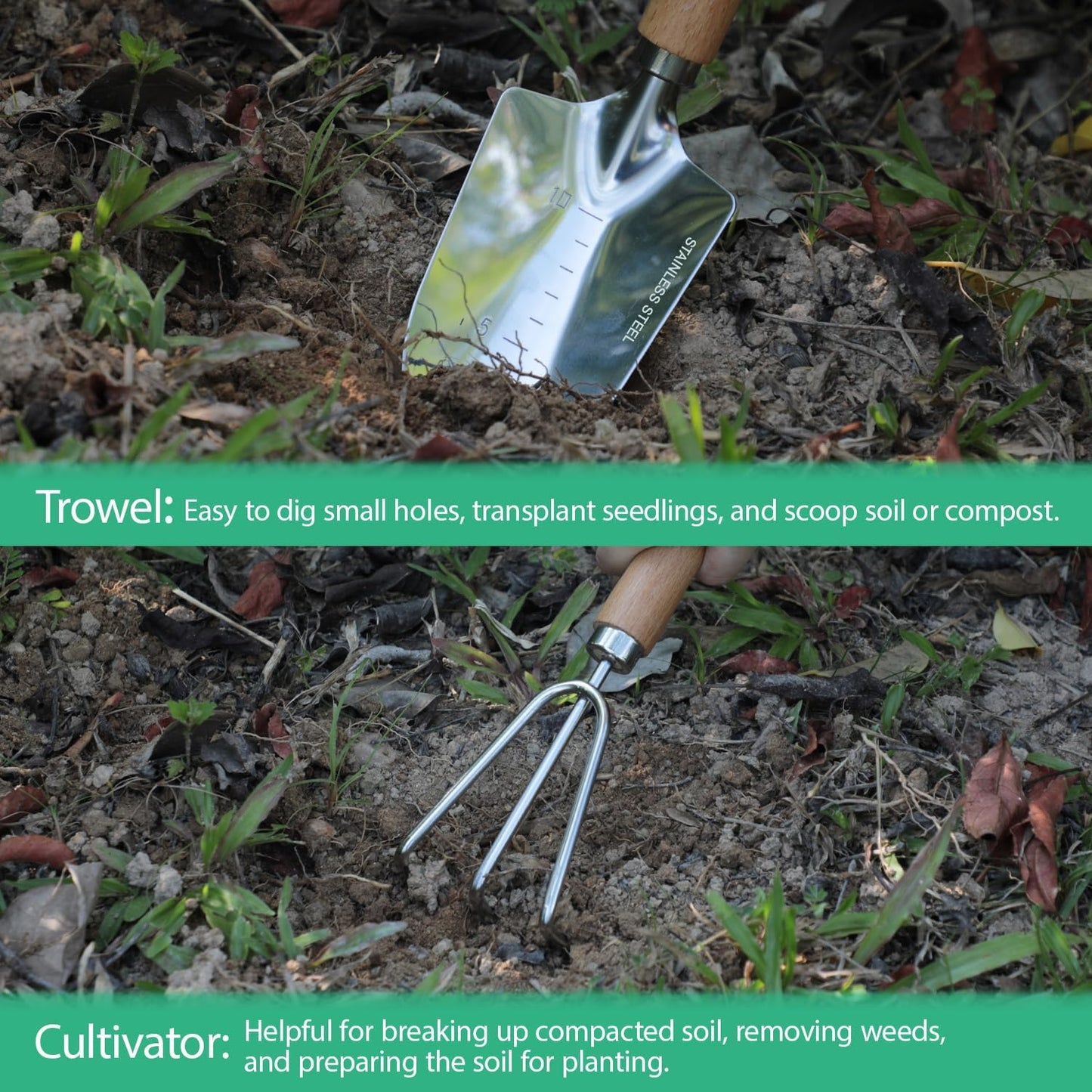 LeMotech Garden Tool Set, 2Pcs Gardening Hand Tools, Stainless Steel Trowel and Cultivator with Handle, Outdoor Gardening Kit for Women Men