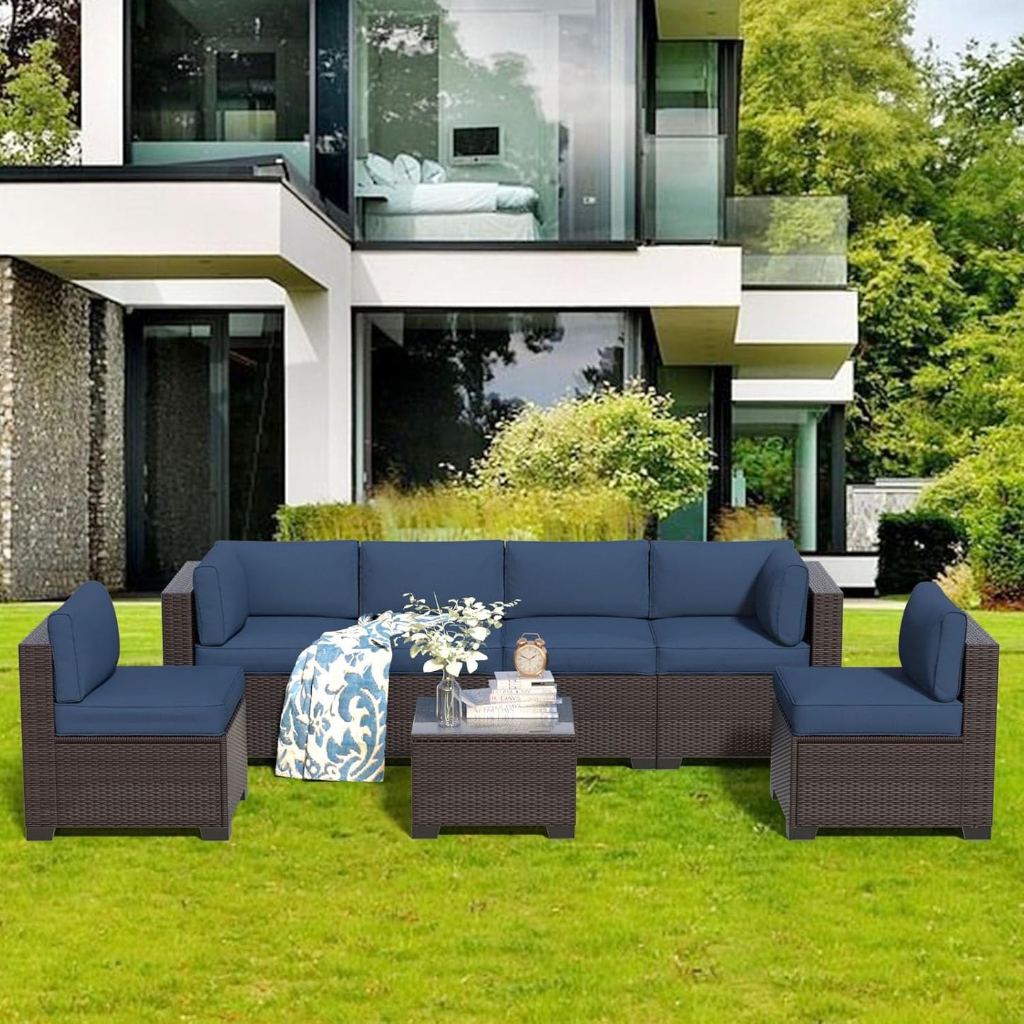 7 Pieces Outdoor Patio Furniture Set, Rattan Sectional Sofa, Conversation Set with Waterproof Cushion and Coffee Table, for Deck, Backyard, Garden (Navy Blue, 7-Piece)