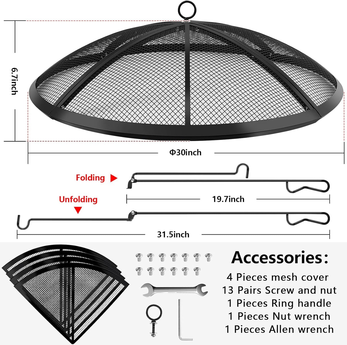 Fire Pit Spark Screen, Fire Pit Screen 30 Inch Round with Handle & Poker, Collapsible Heavy Duty Mesh Fire Pit Cover Fire Pit Lid for Outdoor/Patio/Backyard/RV Camping/Beach