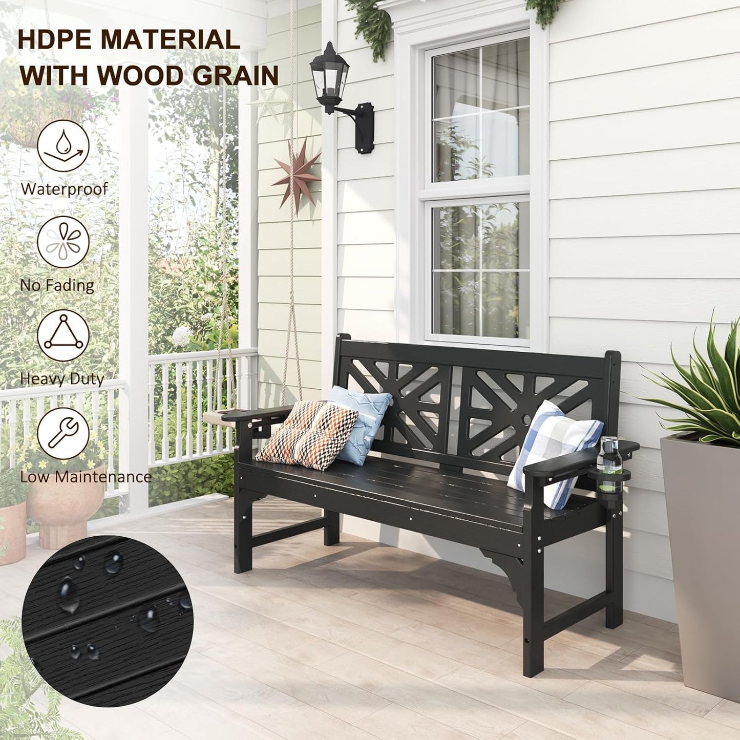 nalone Outdoor Bench with Cup Holders, HDPE All Weather Porch Bench Load up to 800 Lbs, 2-Person Garden Benches Rot-Proof Fade Proof for Patio, Porch, and Park (Black)